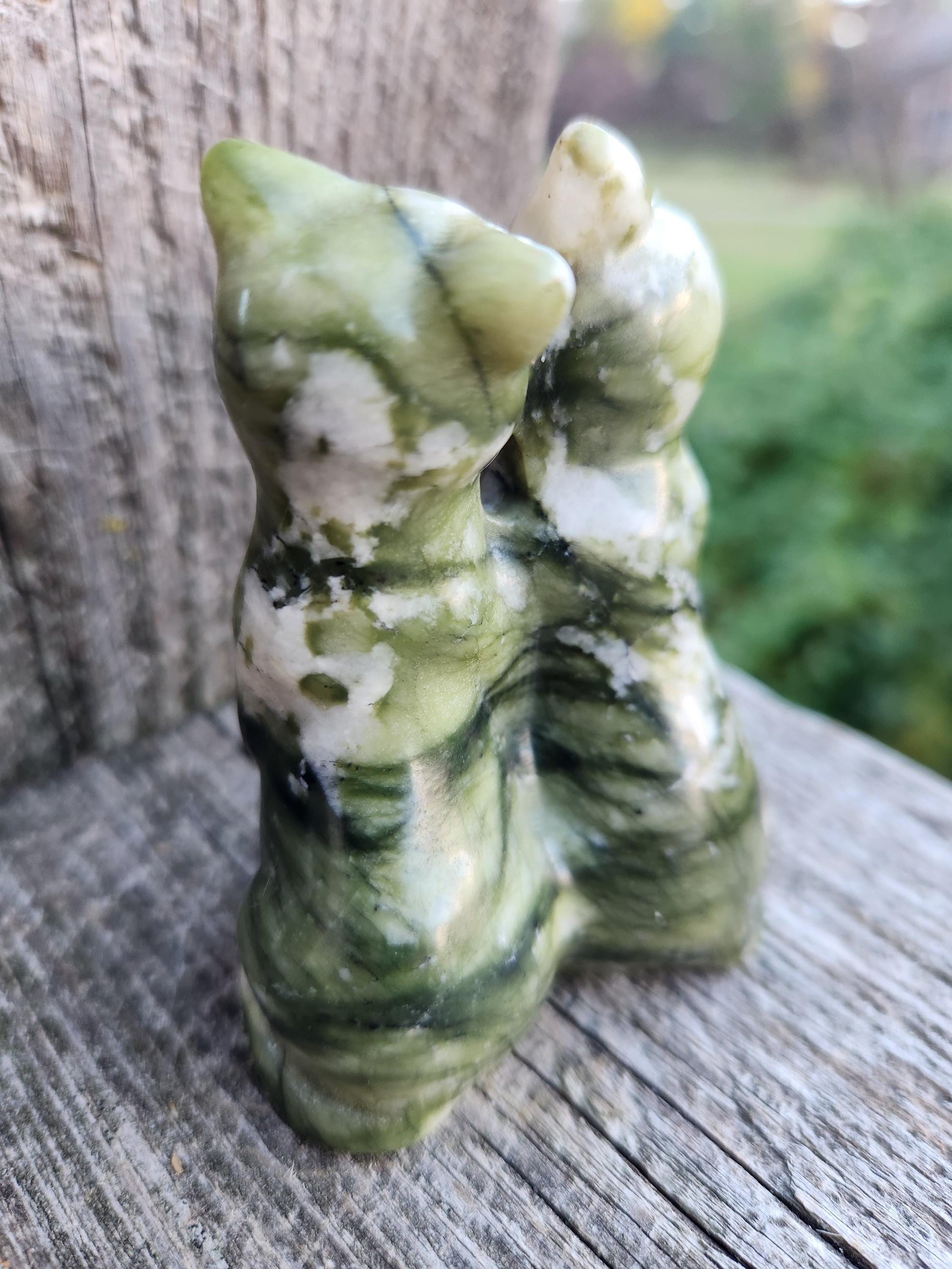 Green & White Carved Jade Two Cats Crystal Stone