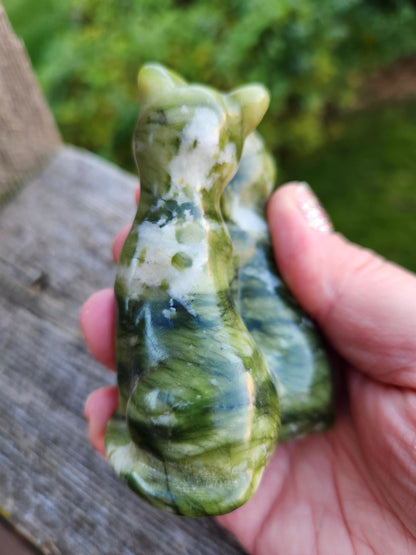 Green & White Carved Jade Two Cats Crystal Stone