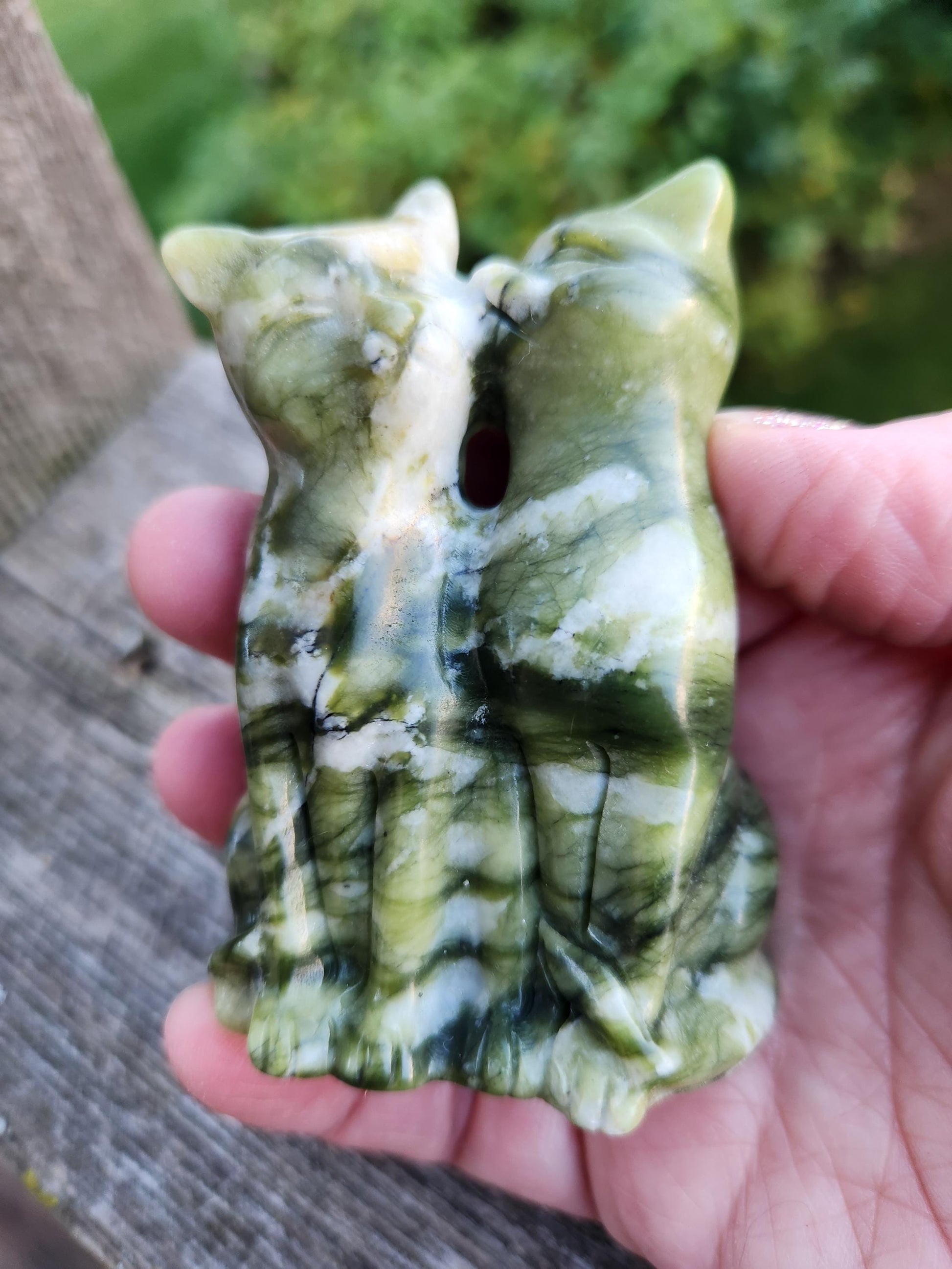 Green & White Carved Jade Two Cats Crystal Stone