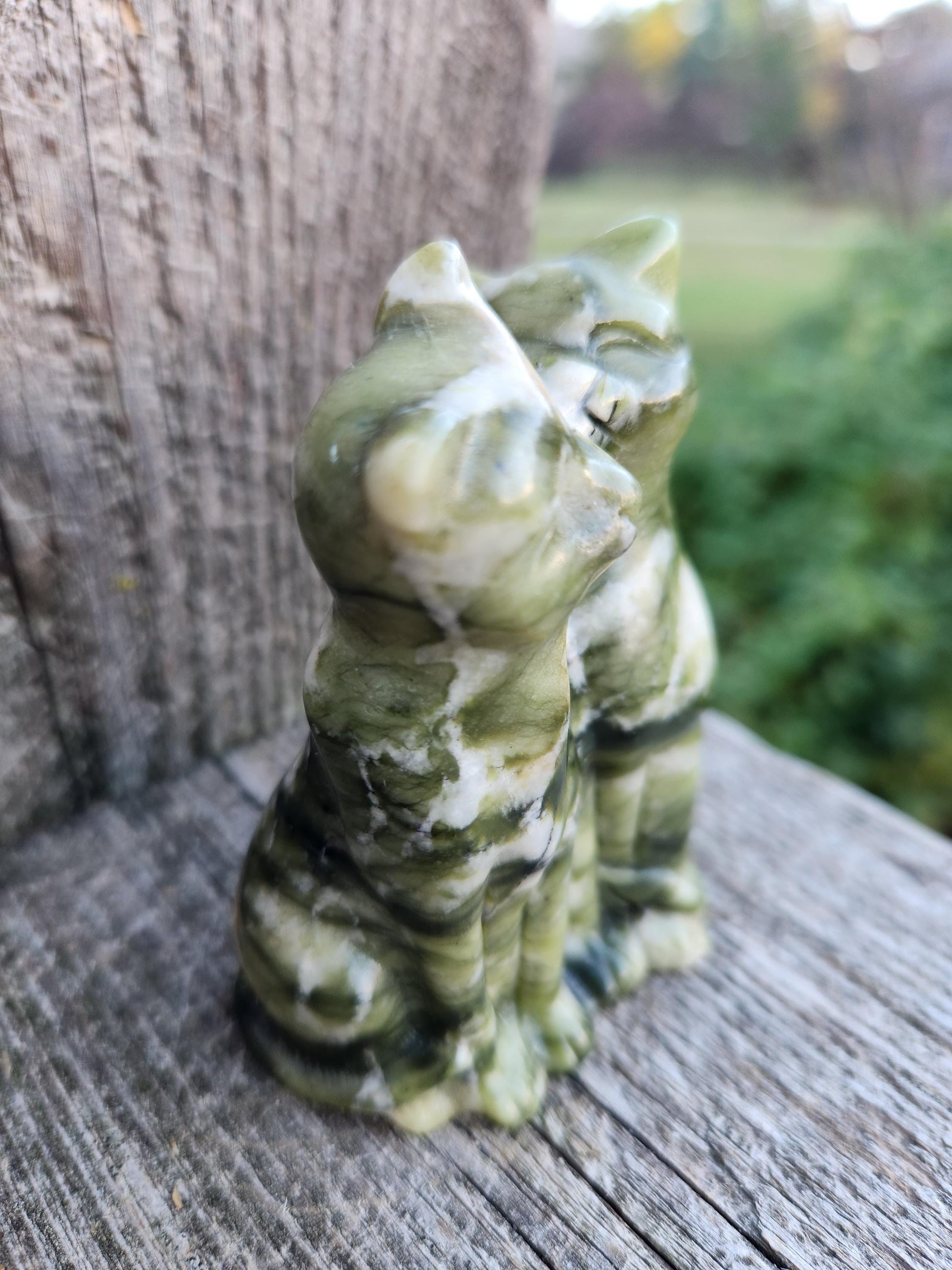 Green & White Carved Jade Two Cats Crystal Stone