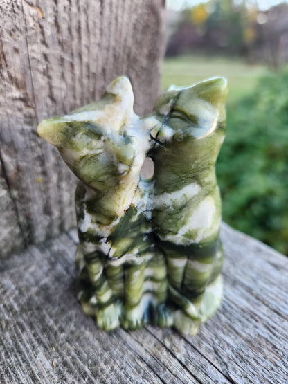 Green & White Carved Jade Two Cats Crystal Stone