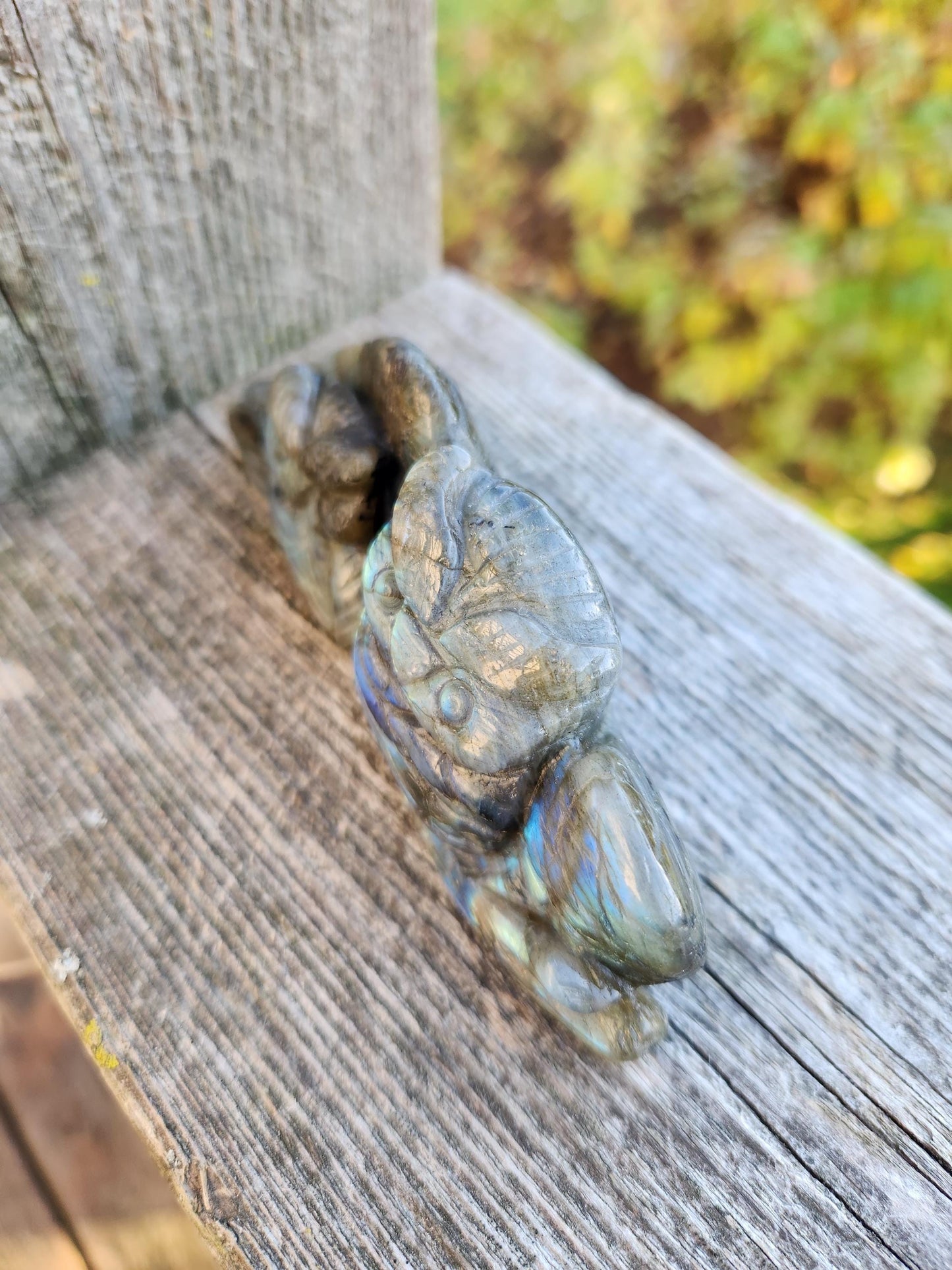 Carved Labradorite Crystal Carving of Two Owls, Flash