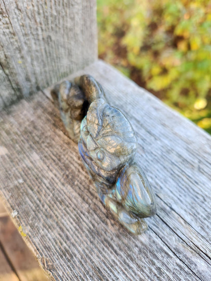 Carved Labradorite Crystal Carving of Two Owls, Flash