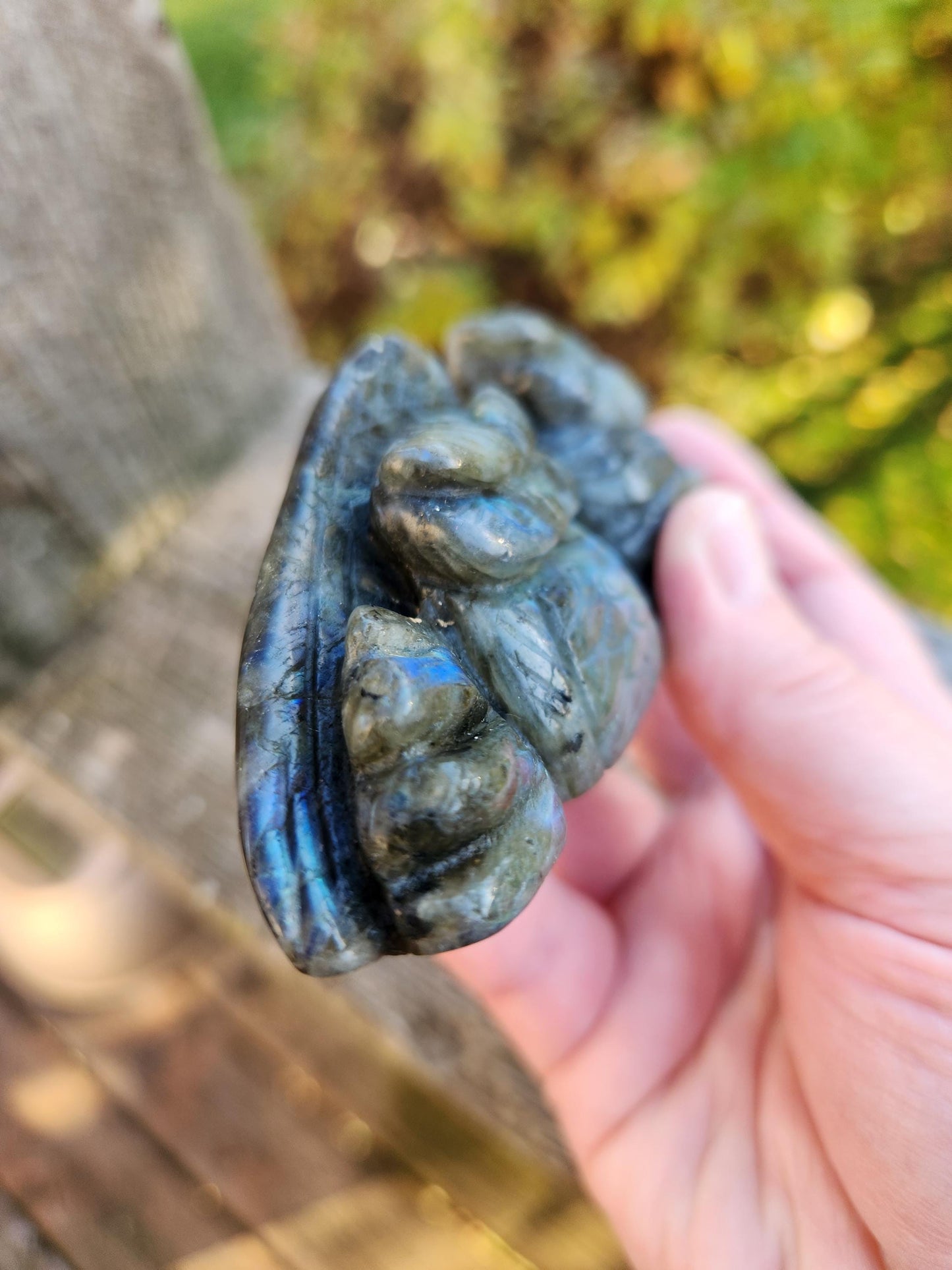 Carved Labradorite Crystal Carving of Two Owls, Flash