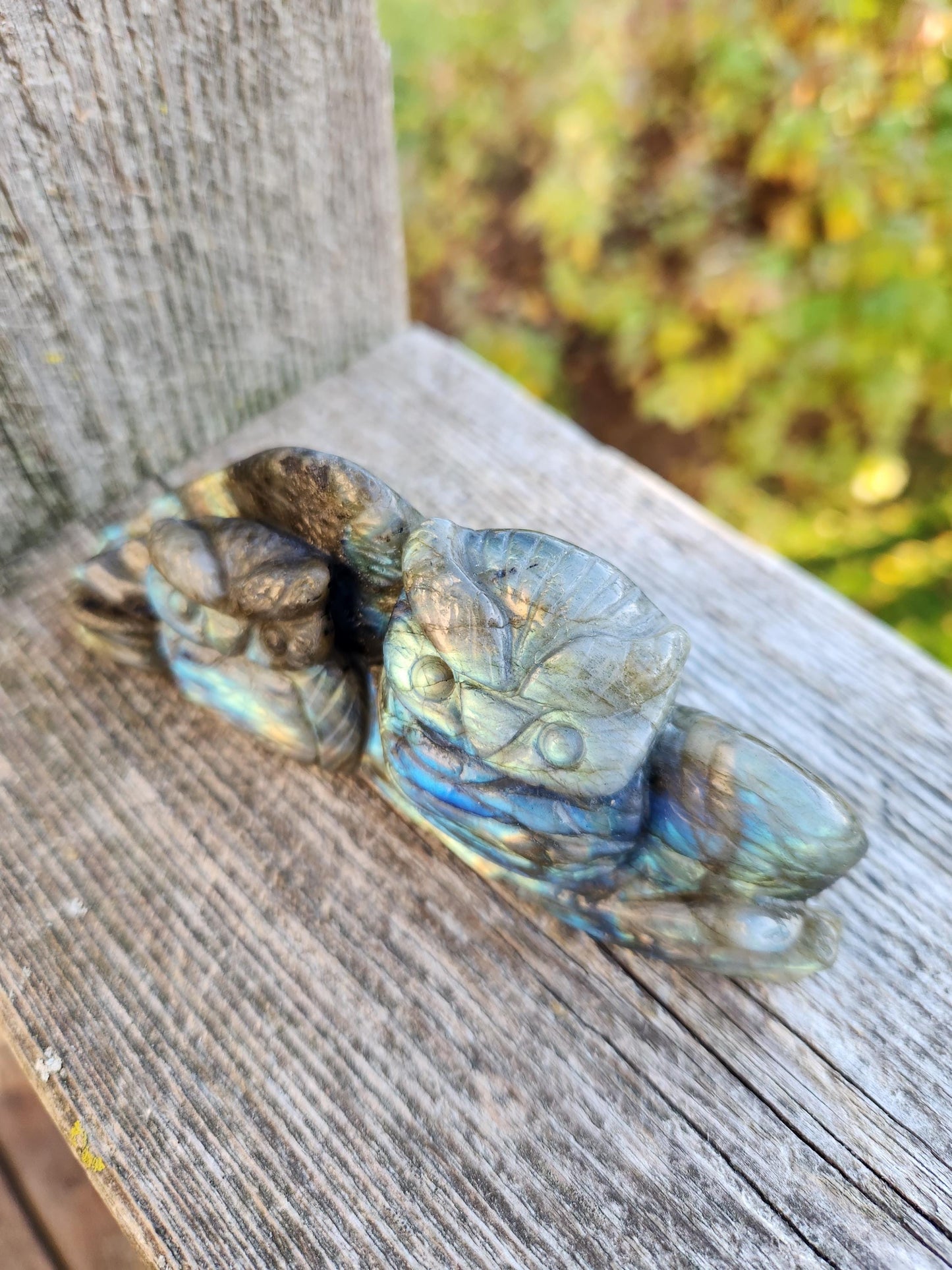 Carved Labradorite Crystal Carving of Two Owls, Flash