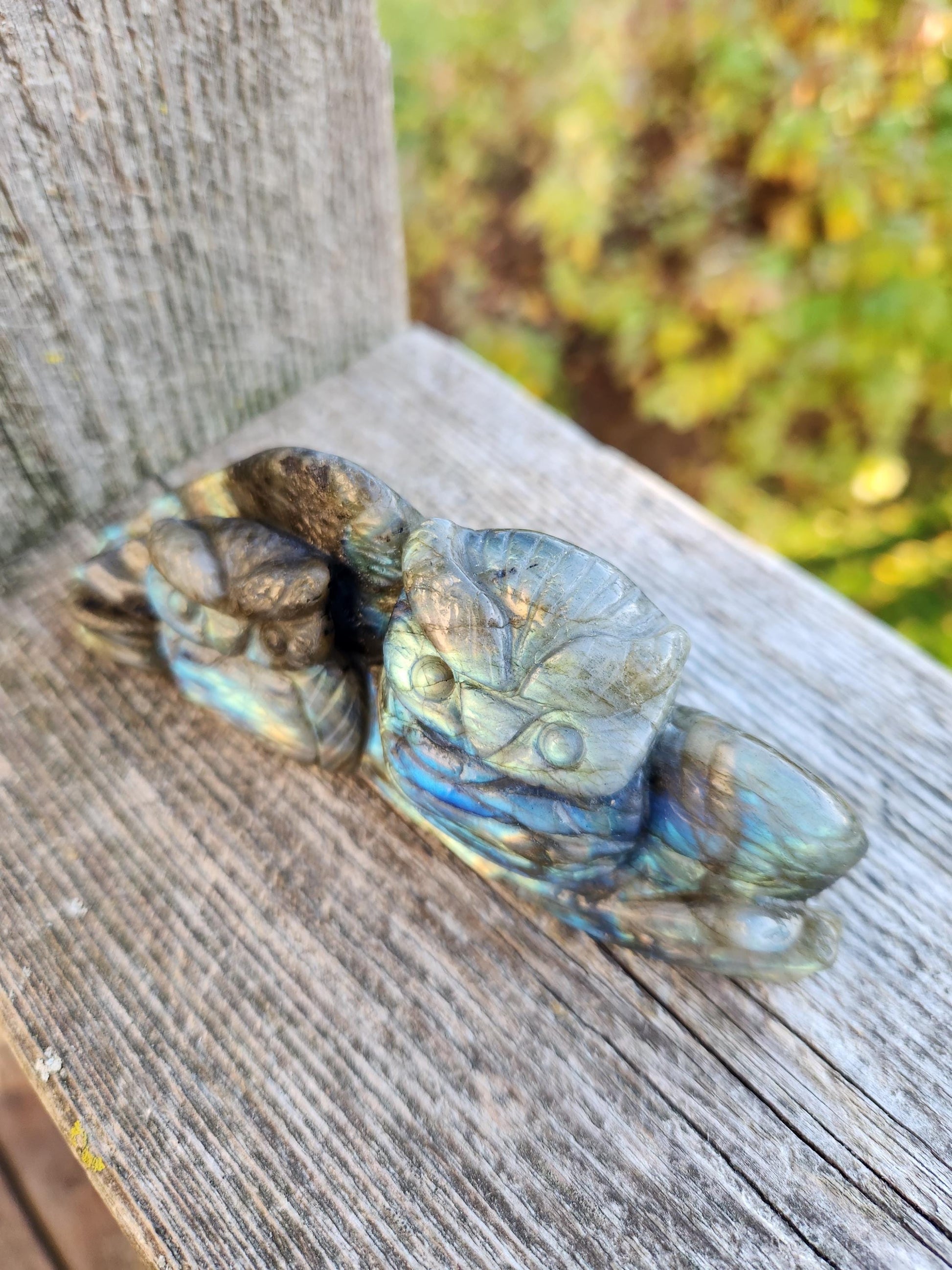 Carved Labradorite Crystal Carving of Two Owls, Flash