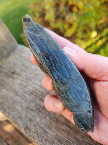 Carved Labradorite Crystal Carving of Two Owls, Flash