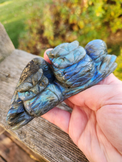 Carved Labradorite Crystal Carving of Two Owls, Flash
