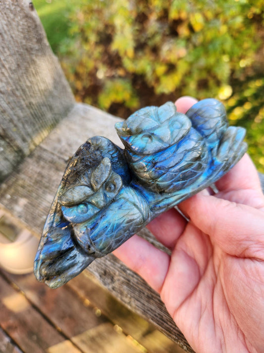 Carved Labradorite Crystal Carving of Two Owls, Flash