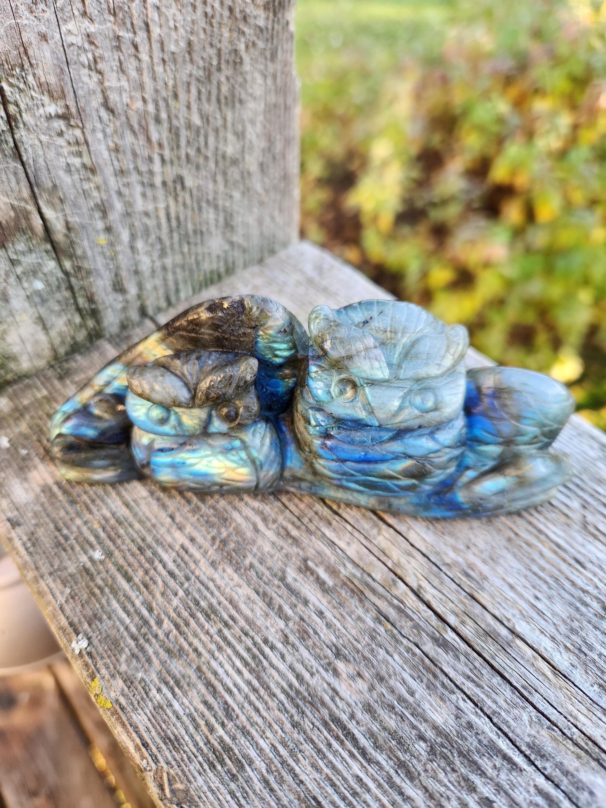 Carved Labradorite Crystal Carving of Two Owls, Flash