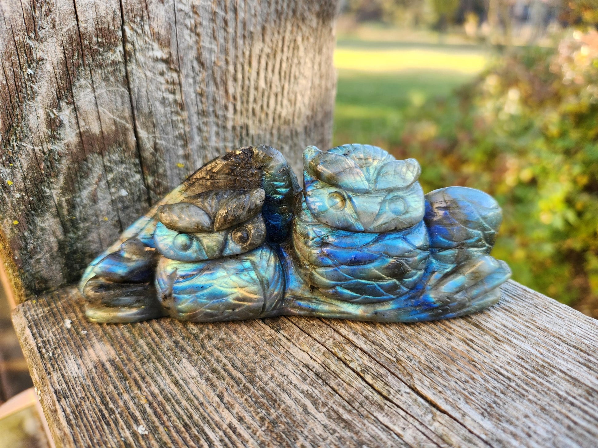 Carved Labradorite Crystal Carving of Two Owls, Flash