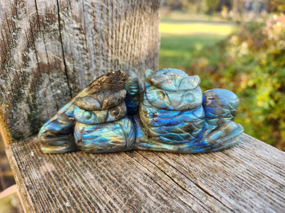 Carved Labradorite Crystal Carving of Two Owls, Flash