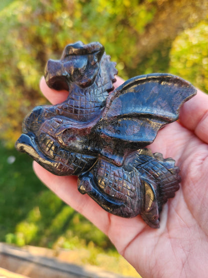Garnet with Fireworks Crystal Dragon Carving - DnD, Decor, Arfvedsonite