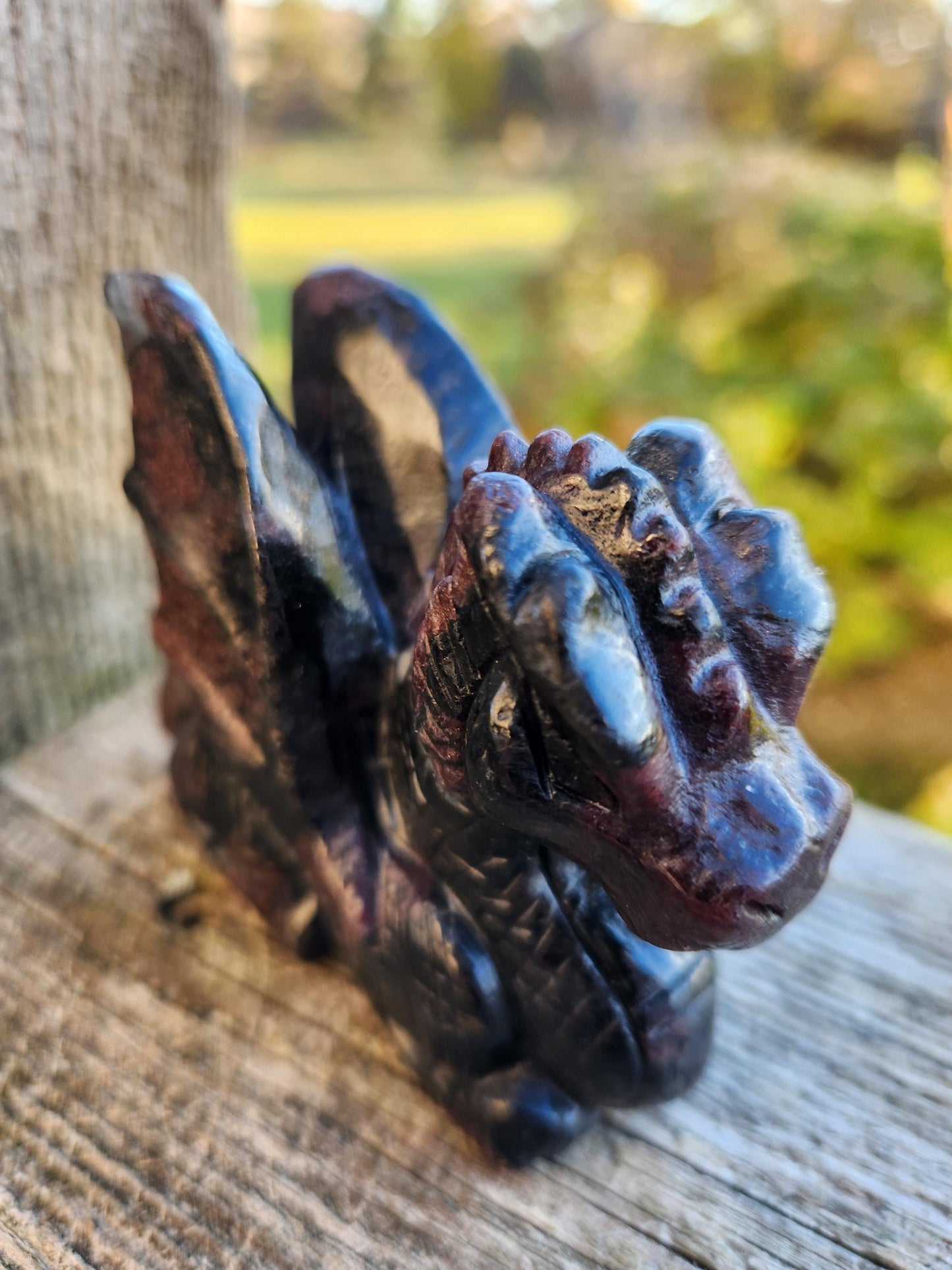 Garnet with Fireworks Crystal Dragon Carving - DnD, Decor, Arfvedsonite