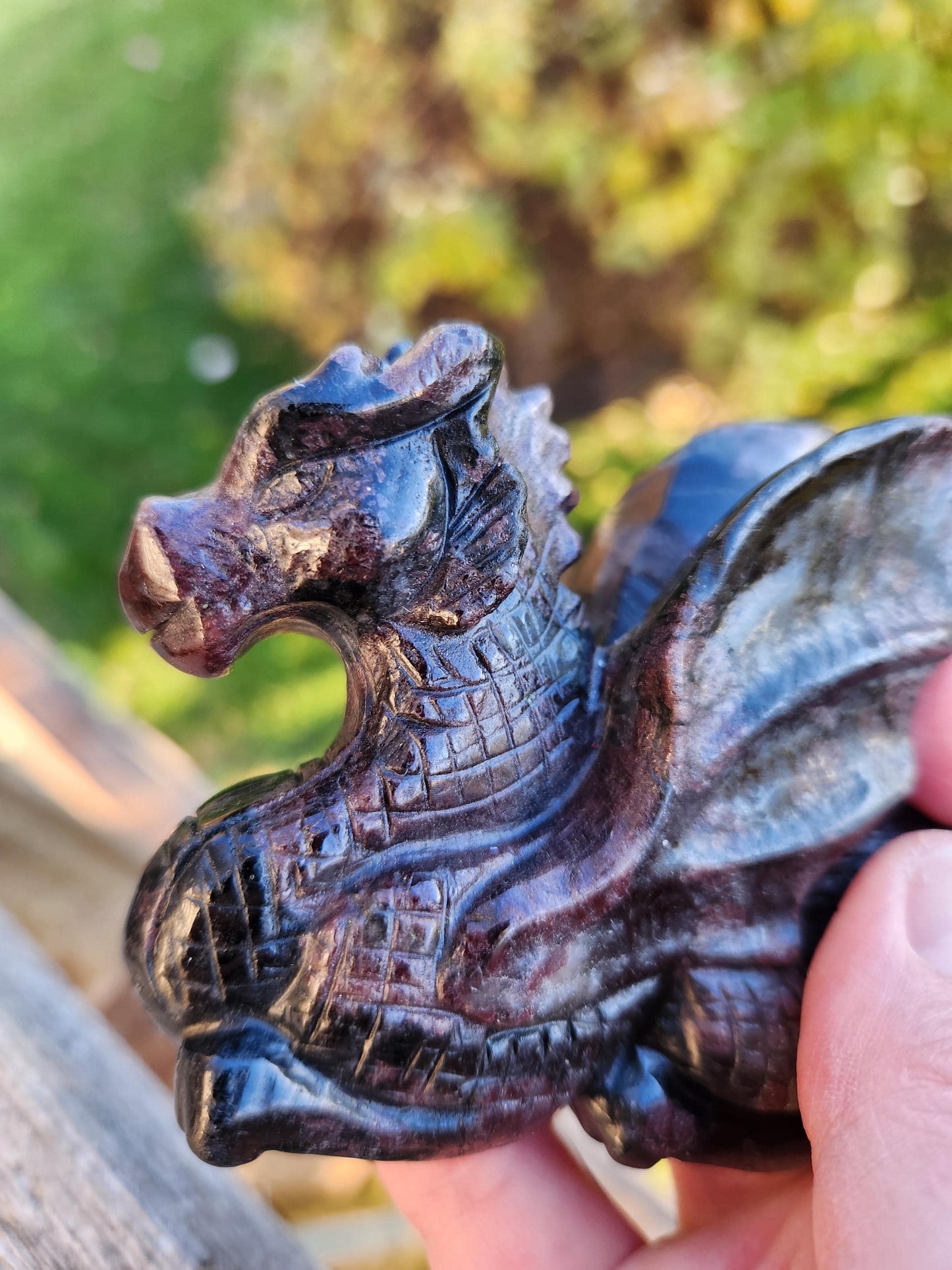 Garnet with Fireworks Crystal Dragon Carving - DnD, Decor, Arfvedsonite