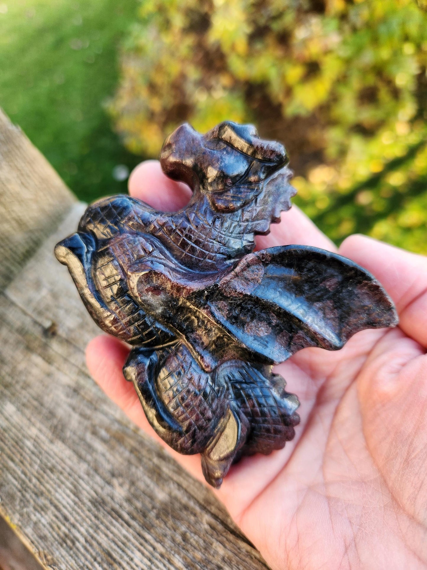 Garnet with Fireworks Crystal Dragon Carving - DnD, Decor, Arfvedsonite