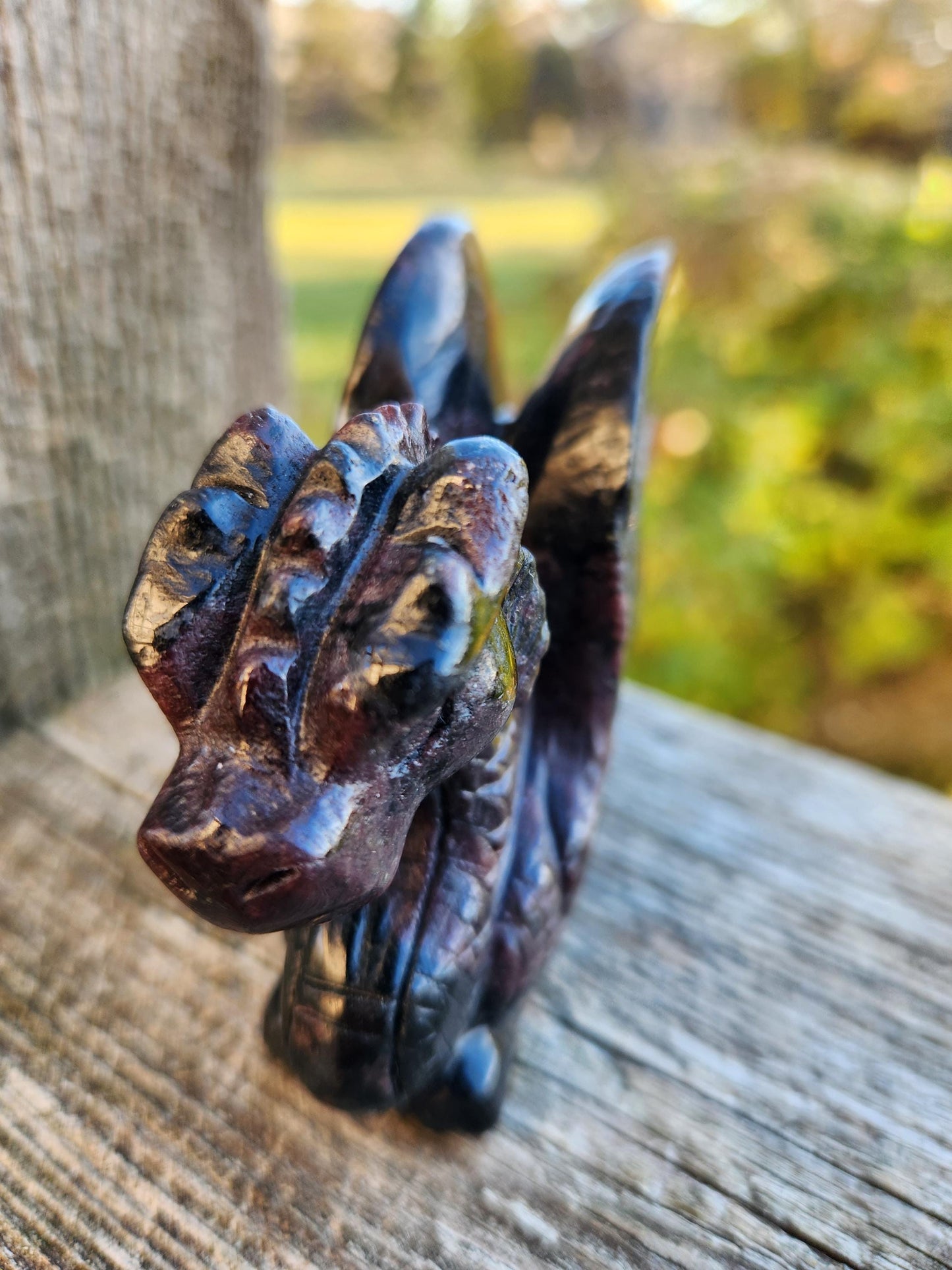 Garnet with Fireworks Crystal Dragon Carving - DnD, Decor, Arfvedsonite