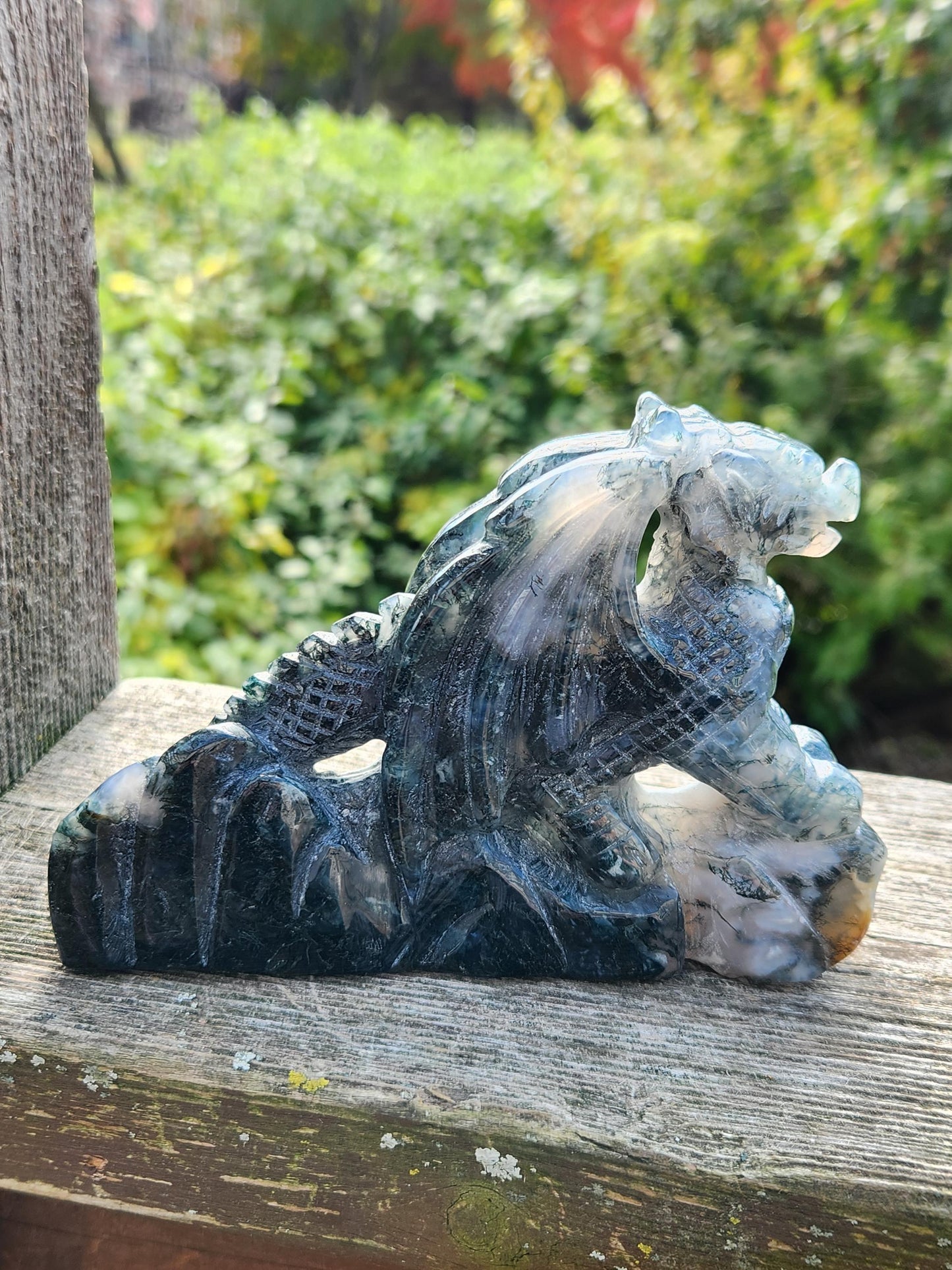 AAA Natural Moss Agate Crystal Carved Full Body Dragon, DND