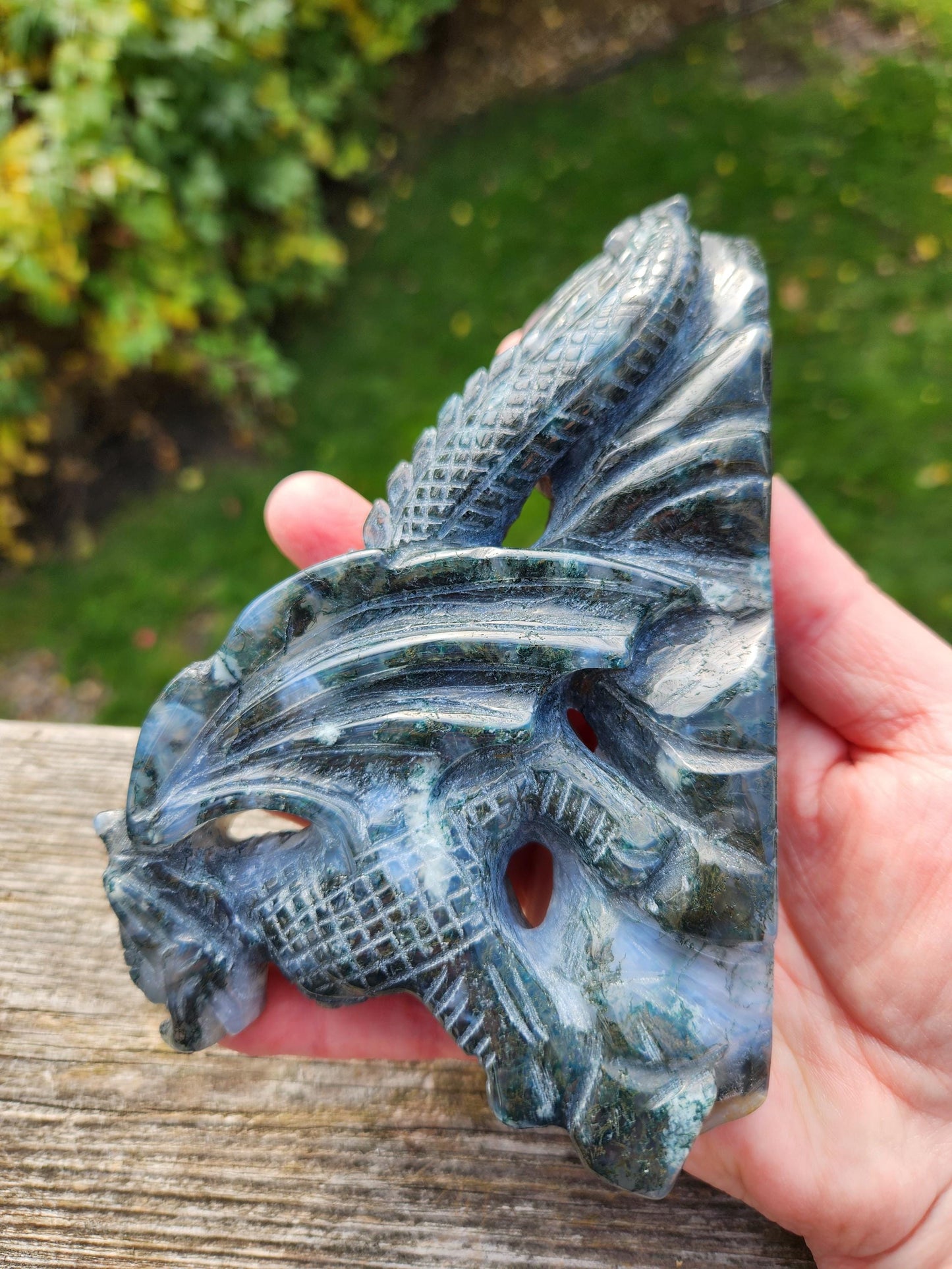 AAA Natural Moss Agate Crystal Carved Full Body Dragon, DND