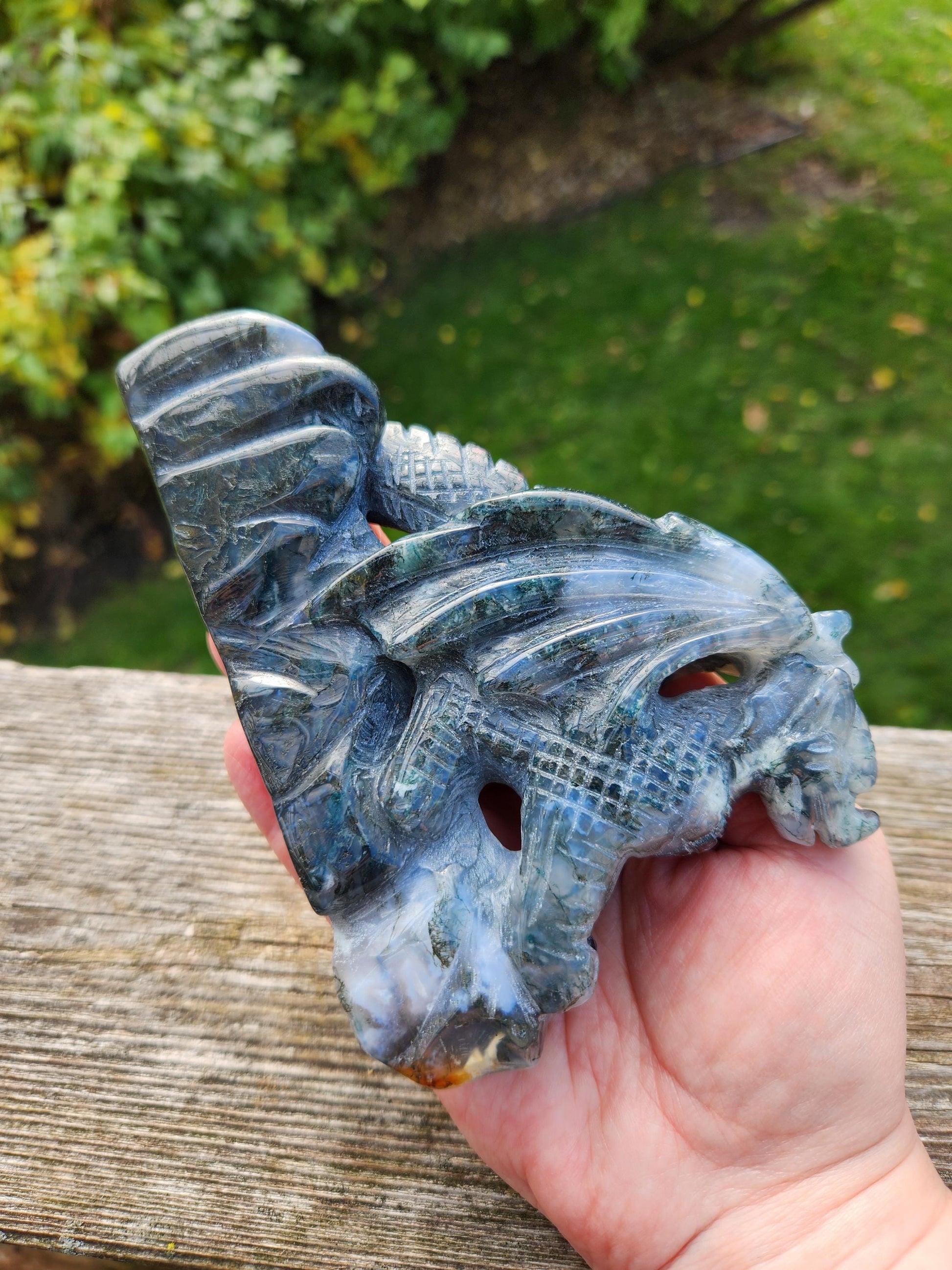 AAA Natural Moss Agate Crystal Carved Full Body Dragon, DND