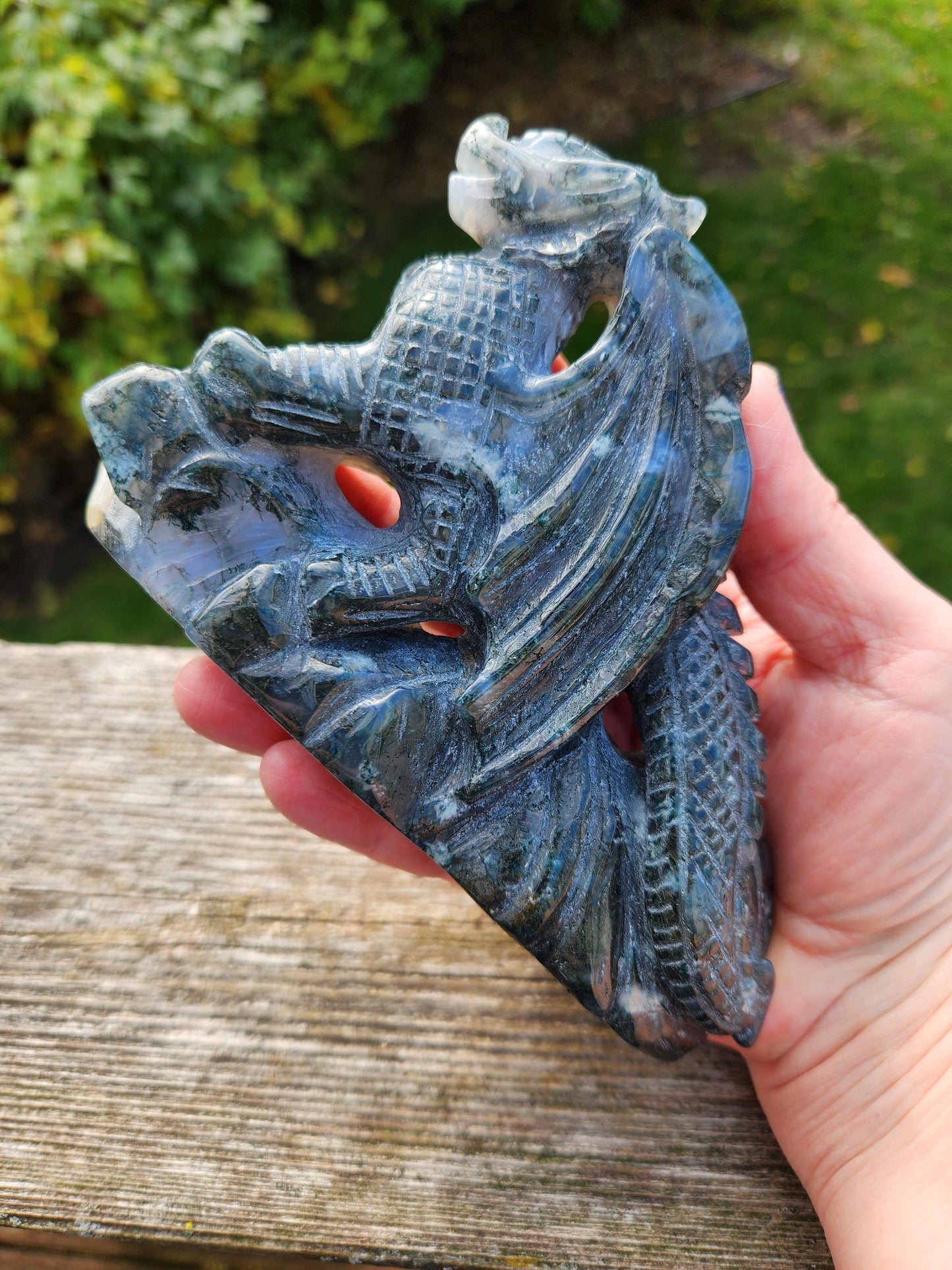 AAA Natural Moss Agate Crystal Carved Full Body Dragon, DND
