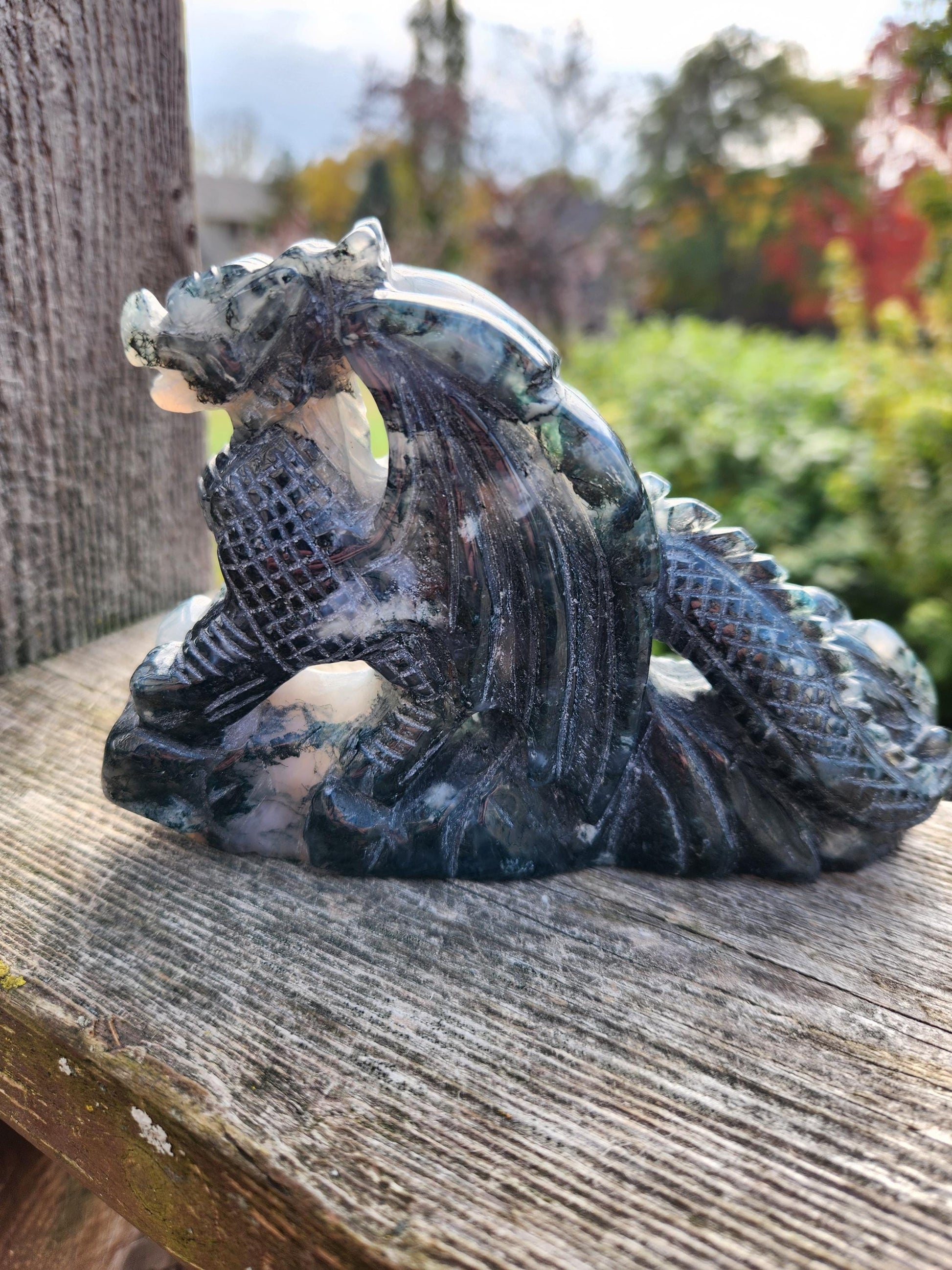 AAA Natural Moss Agate Crystal Carved Full Body Dragon, DND