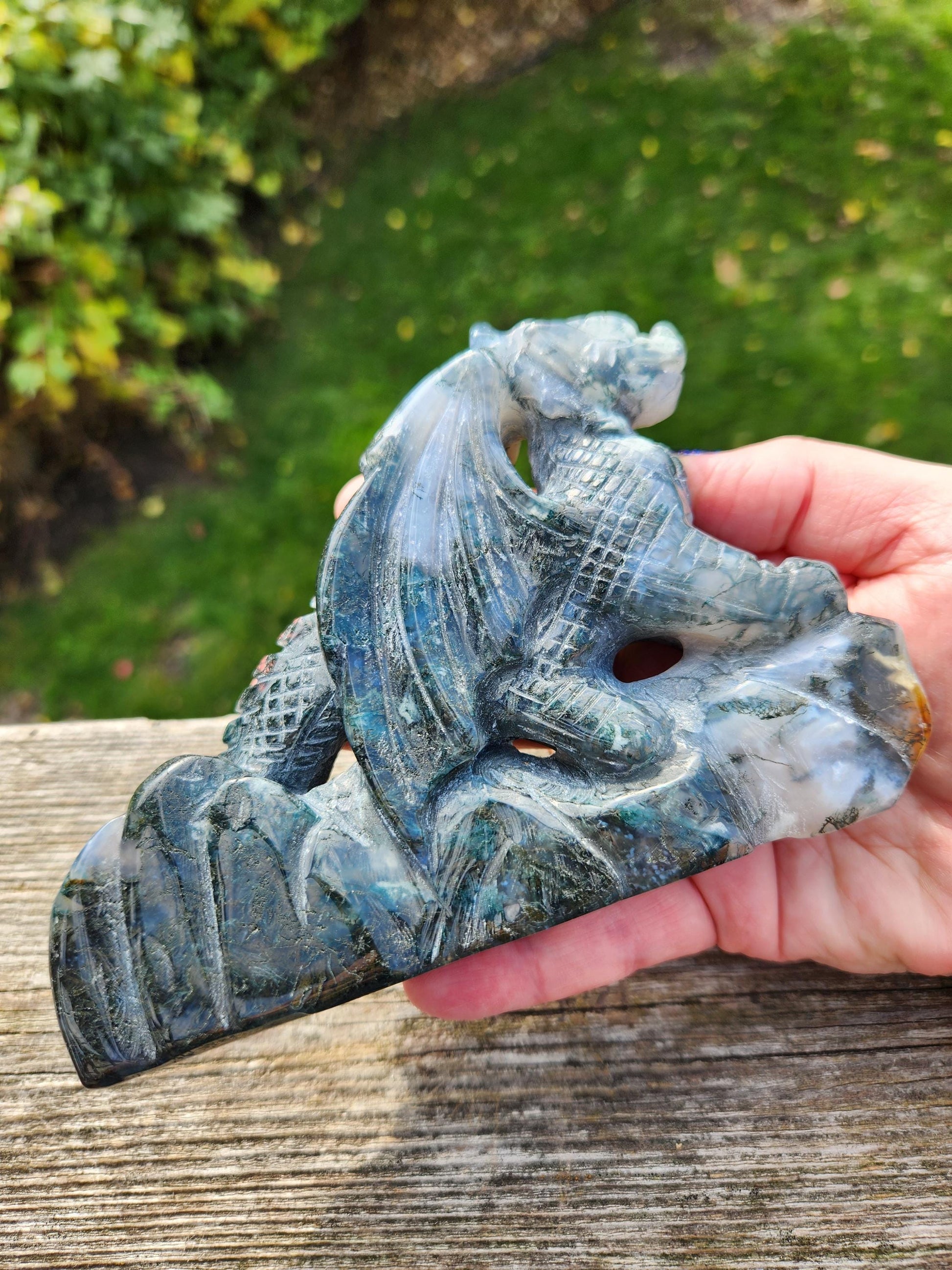 AAA Natural Moss Agate Crystal Carved Full Body Dragon, DND