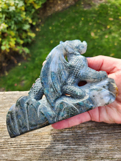AAA Natural Moss Agate Crystal Carved Full Body Dragon, DND