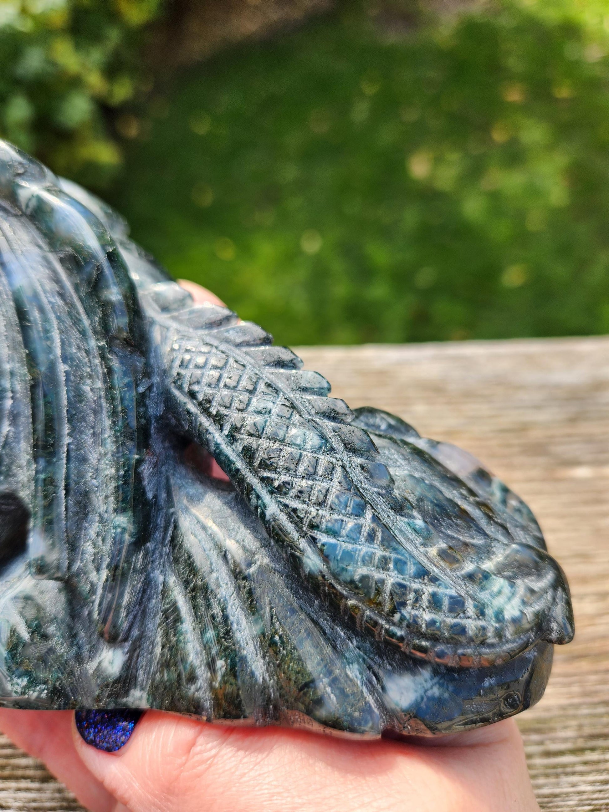 AAA Natural Moss Agate Crystal Carved Full Body Dragon, DND