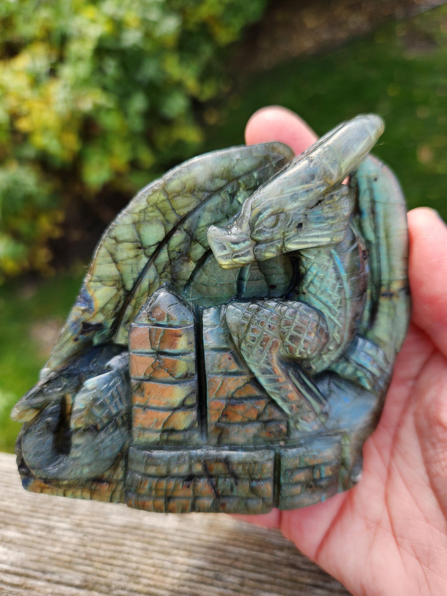 Rare Labradorite Carved Dragon Crystal with flash, DnD