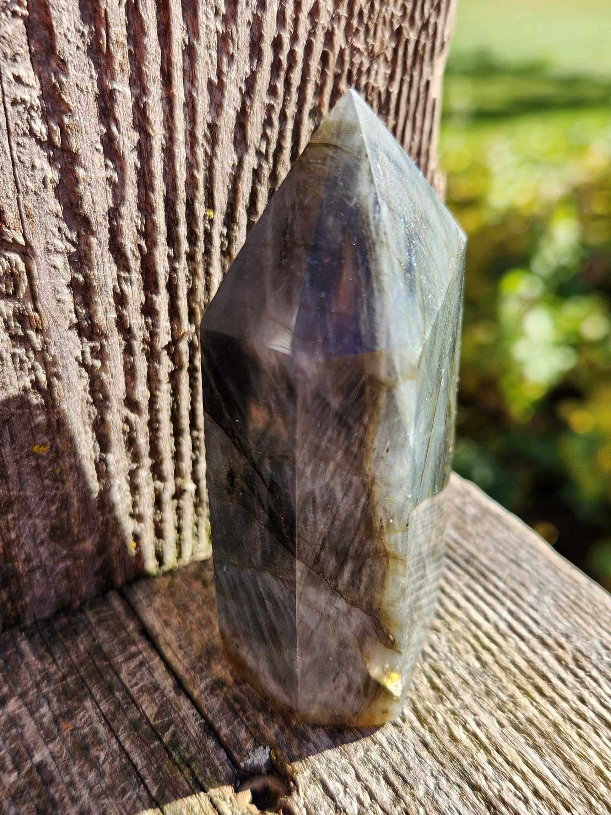 AAA Labradorite Tower Point: High Polished Crystal with Orange Yellow Blue Green Flash