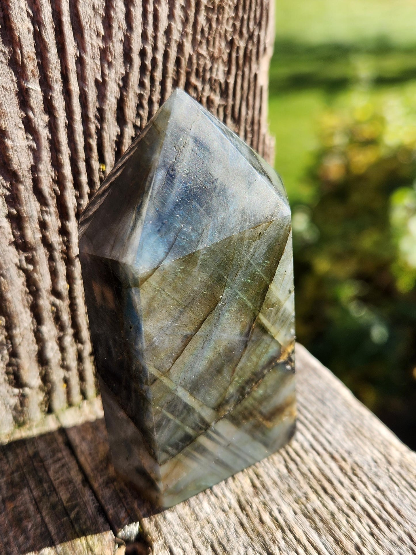 AAA Labradorite Tower Point: High Polished Crystal with Orange Yellow Blue Green Flash