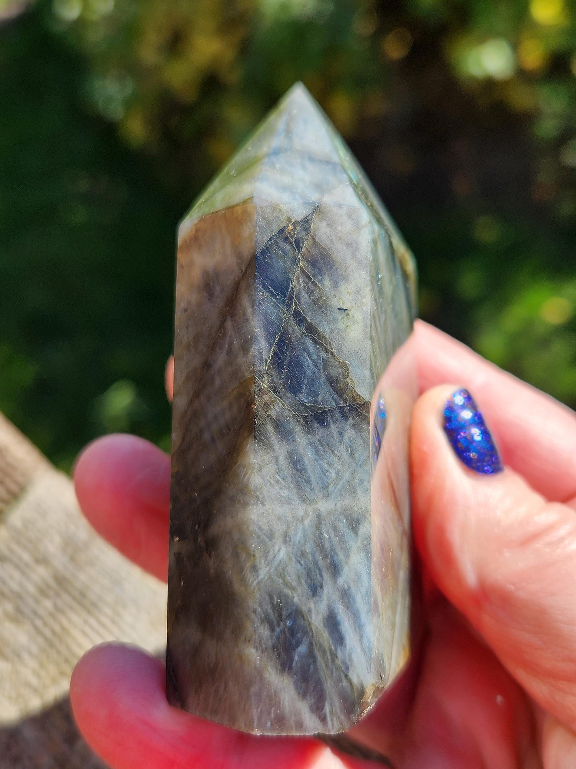 AAA Labradorite Tower Point: High Polished Crystal with Orange Yellow Blue Green Flash