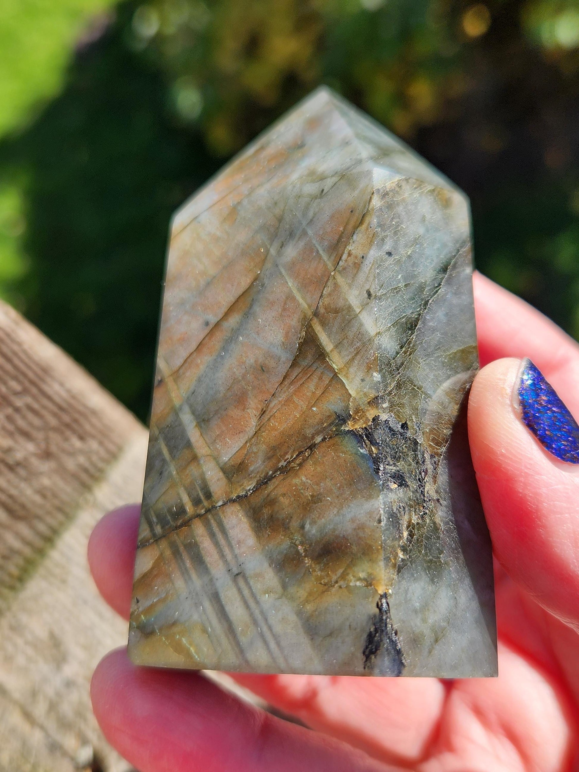 AAA Labradorite Tower Point: High Polished Crystal with Orange Yellow Blue Green Flash