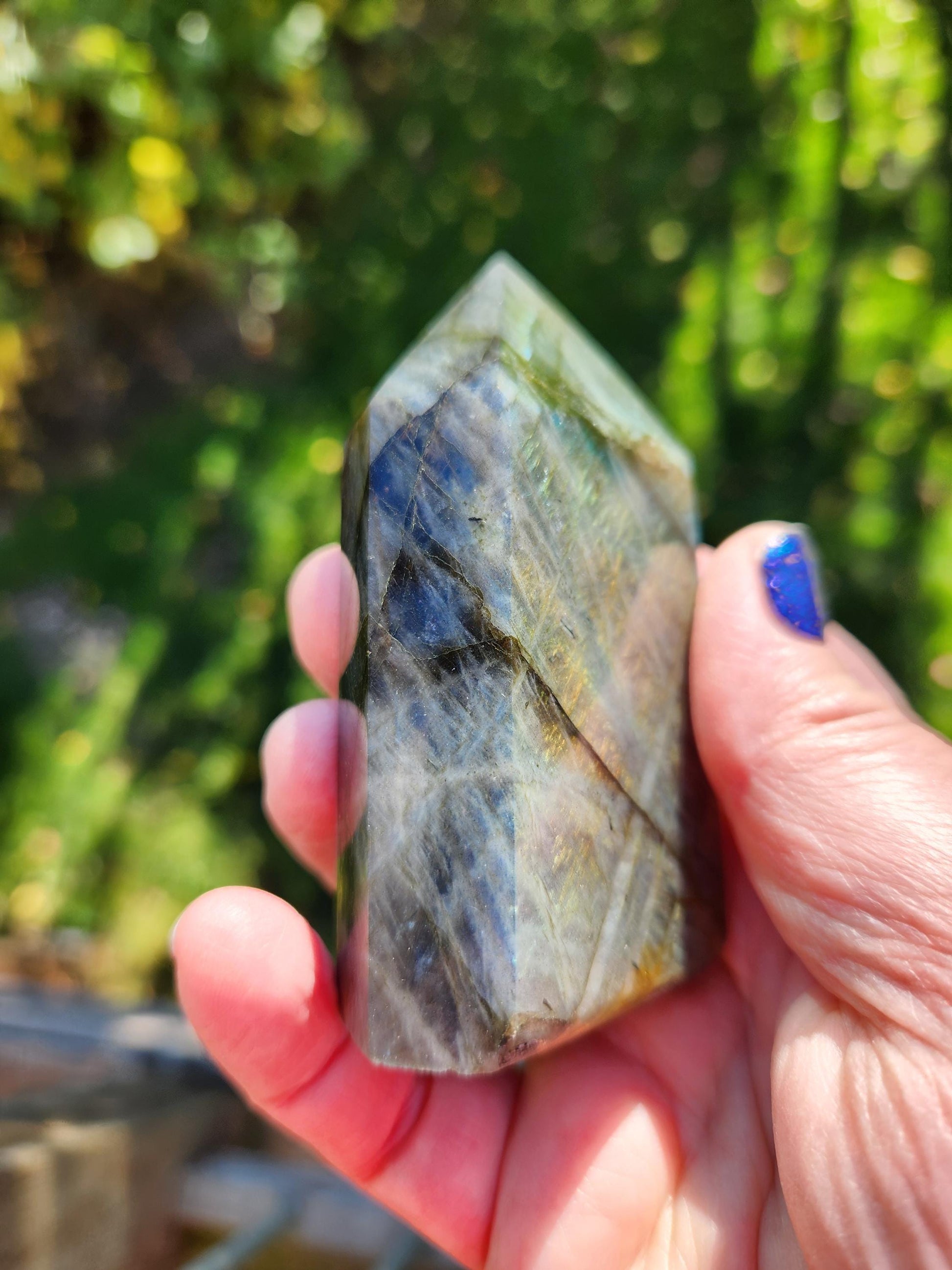 AAA Labradorite Tower Point: High Polished Crystal with Orange Yellow Blue Green Flash