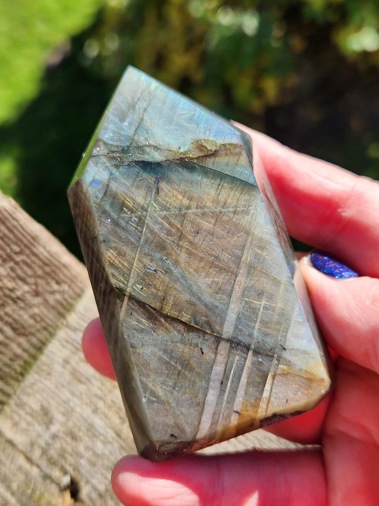 AAA Labradorite Tower Point: High Polished Crystal with Orange Yellow Blue Green Flash