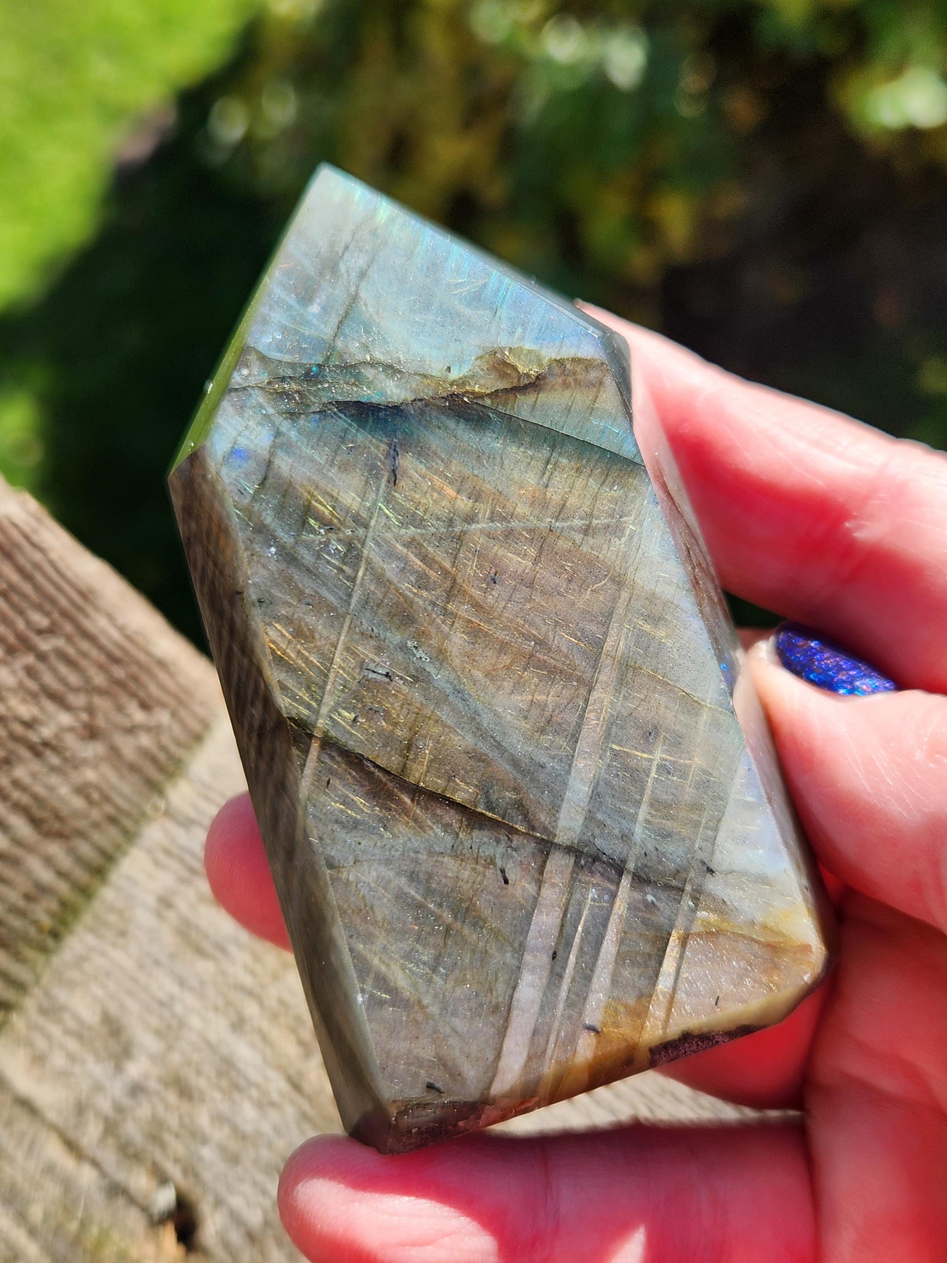 AAA Labradorite Tower Point: High Polished Crystal with Orange Yellow Blue Green Flash