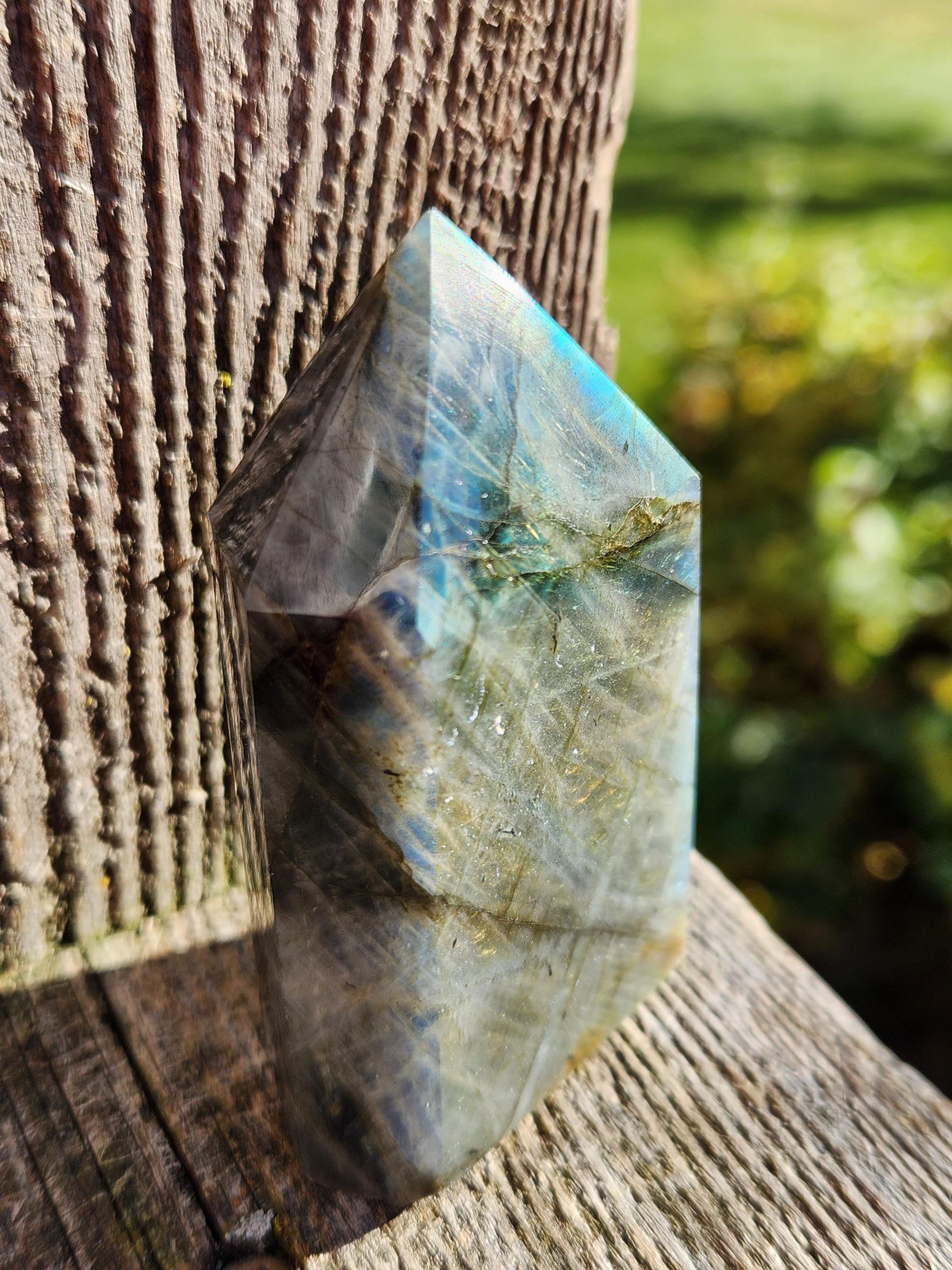 AAA Labradorite Tower Point: High Polished Crystal with Orange Yellow Blue Green Flash