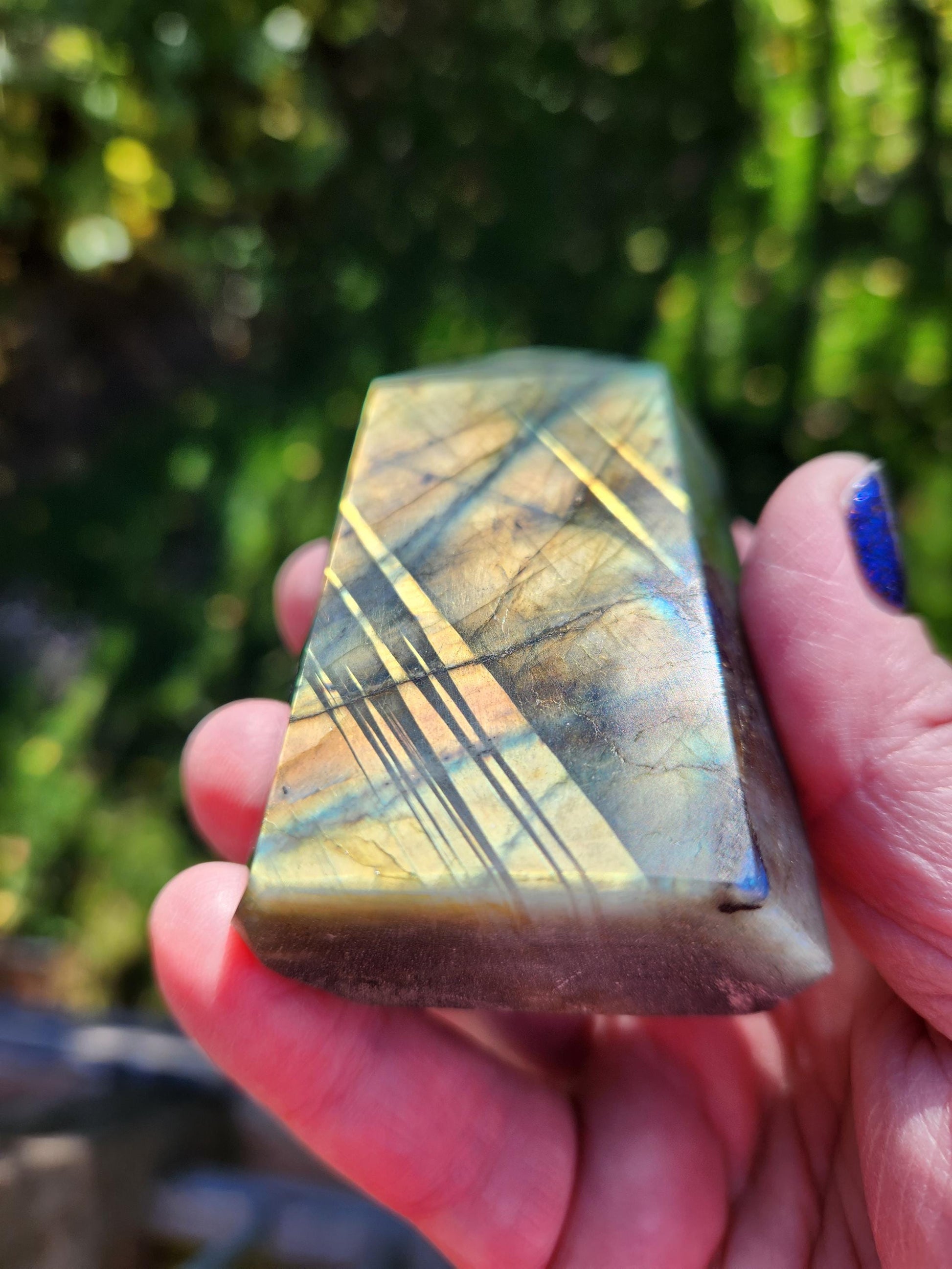 AAA Labradorite Tower Point: High Polished Crystal with Orange Yellow Blue Green Flash