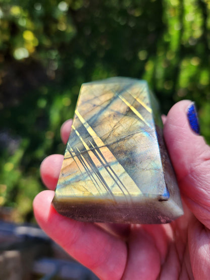 AAA Labradorite Tower Point: High Polished Crystal with Orange Yellow Blue Green Flash