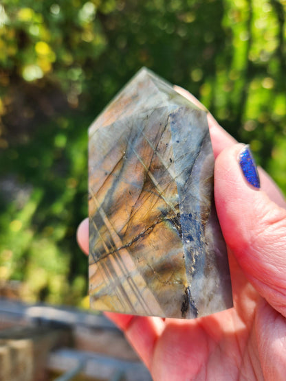 AAA Labradorite Tower Point: High Polished Crystal with Orange Yellow Blue Green Flash