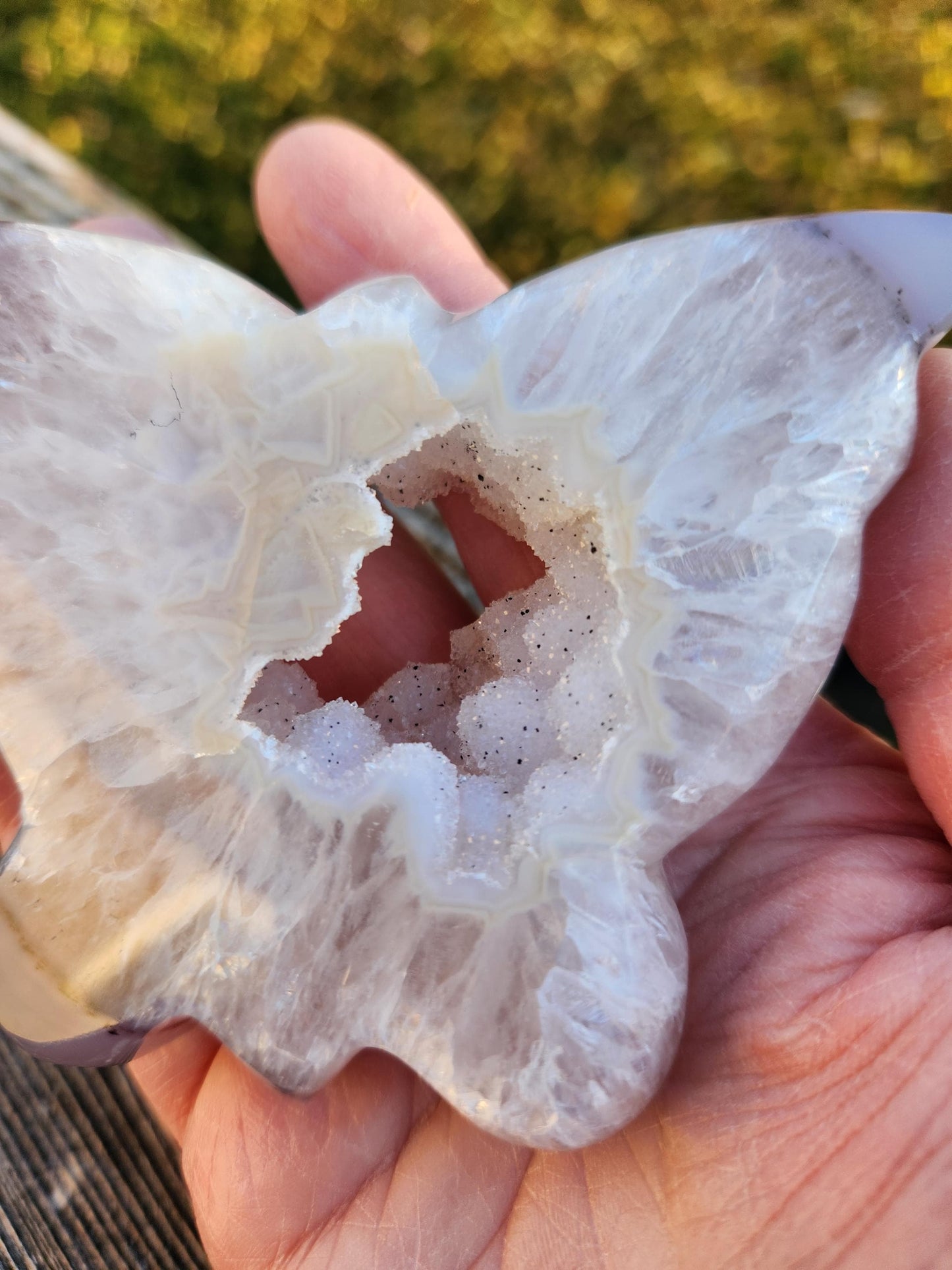 Stunningly Beautiful White and Purple Tipped Druzy Thick Slab Cut Agate Butterfly with black metal stand, Portal, Rainbows!