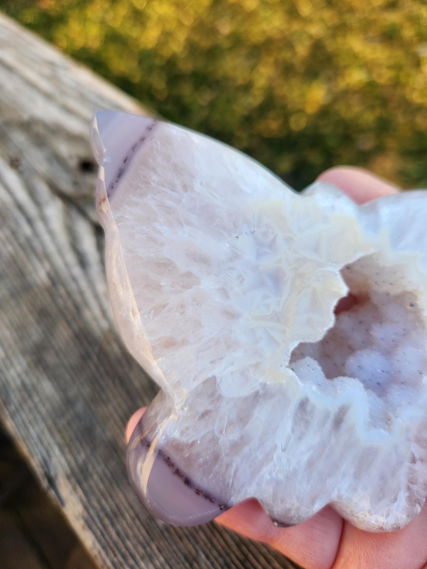Stunningly Beautiful White and Purple Tipped Druzy Thick Slab Cut Agate Butterfly with black metal stand, Portal, Rainbows!