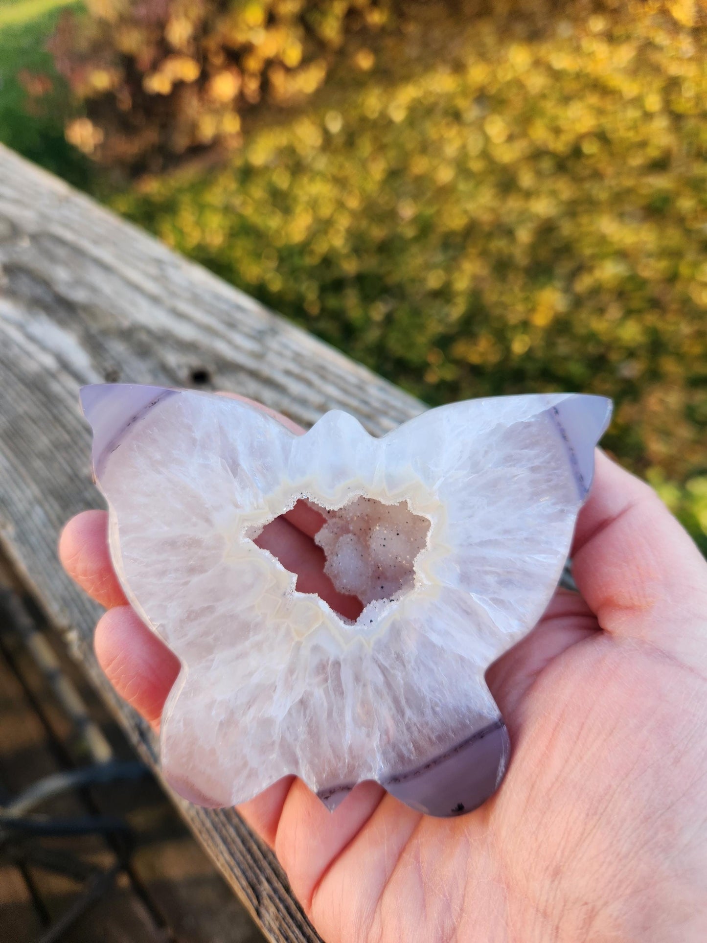 Stunningly Beautiful White and Purple Tipped Druzy Thick Slab Cut Agate Butterfly with black metal stand, Portal, Rainbows!