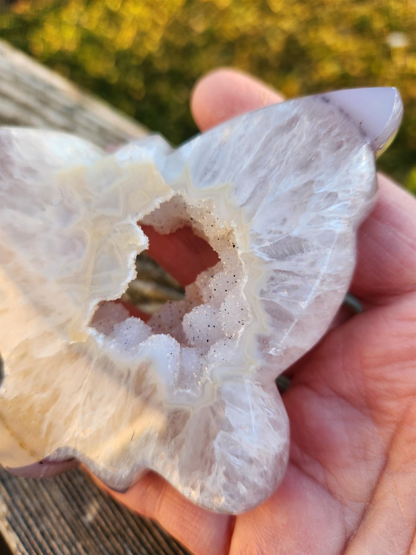 Stunningly Beautiful White and Purple Tipped Druzy Thick Slab Cut Agate Butterfly with black metal stand, Portal, Rainbows!