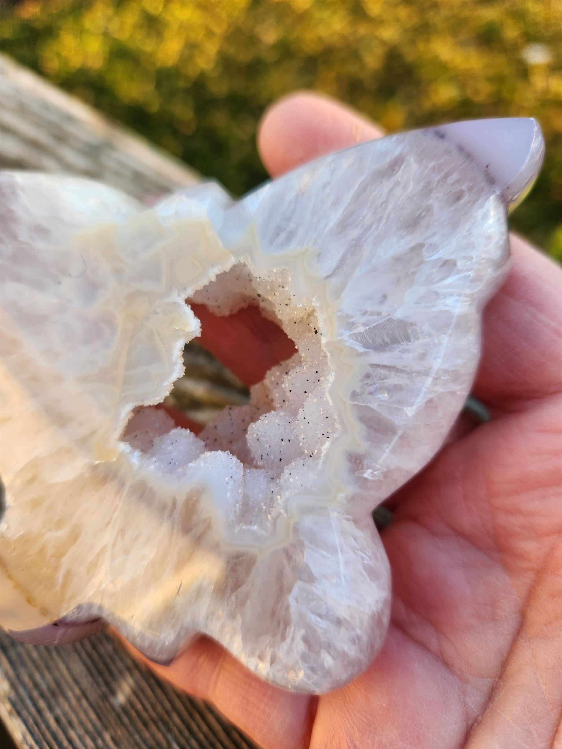 Stunningly Beautiful White and Purple Tipped Druzy Thick Slab Cut Agate Butterfly with black metal stand, Portal, Rainbows!