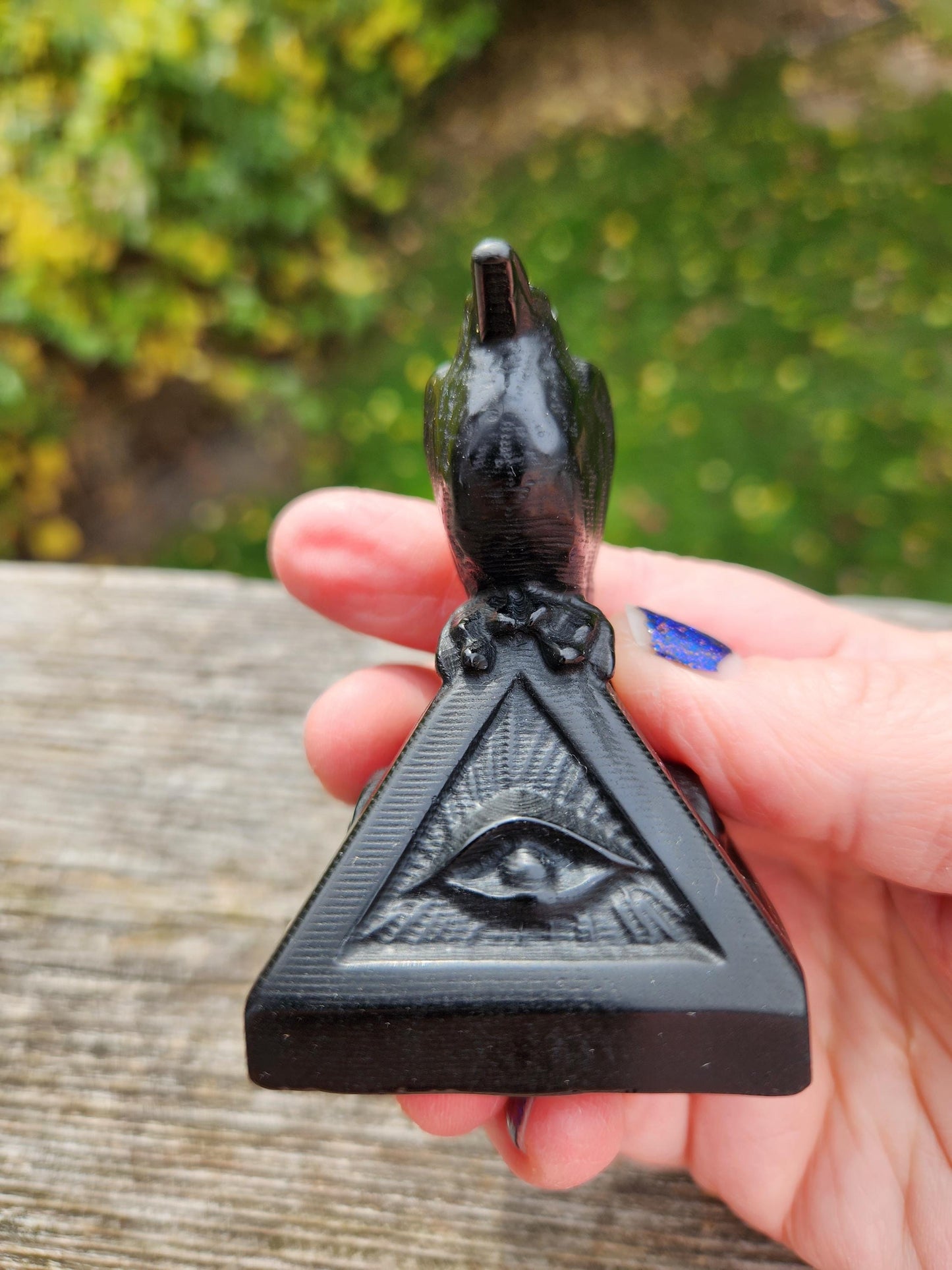 Carved Black Obsidian Raven on a 3rd Eye Pyramid: Natural Crystal, Crow