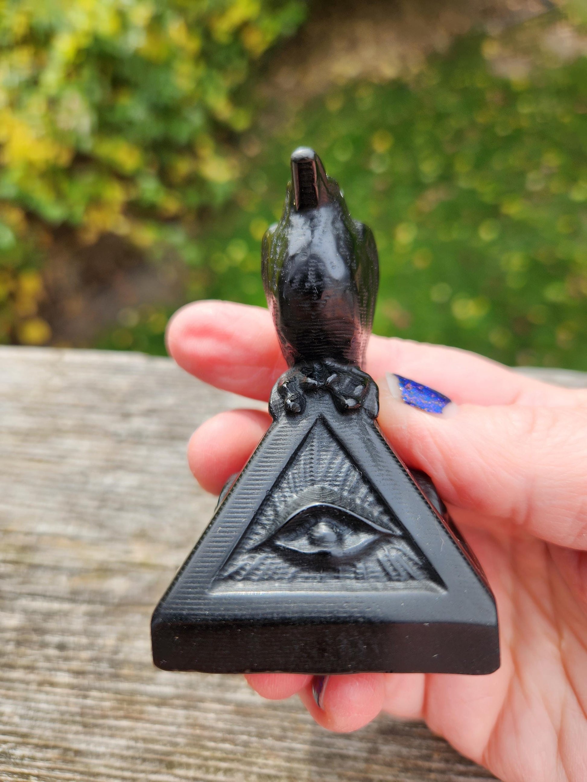 Carved Black Obsidian Raven on a 3rd Eye Pyramid: Natural Crystal, Crow
