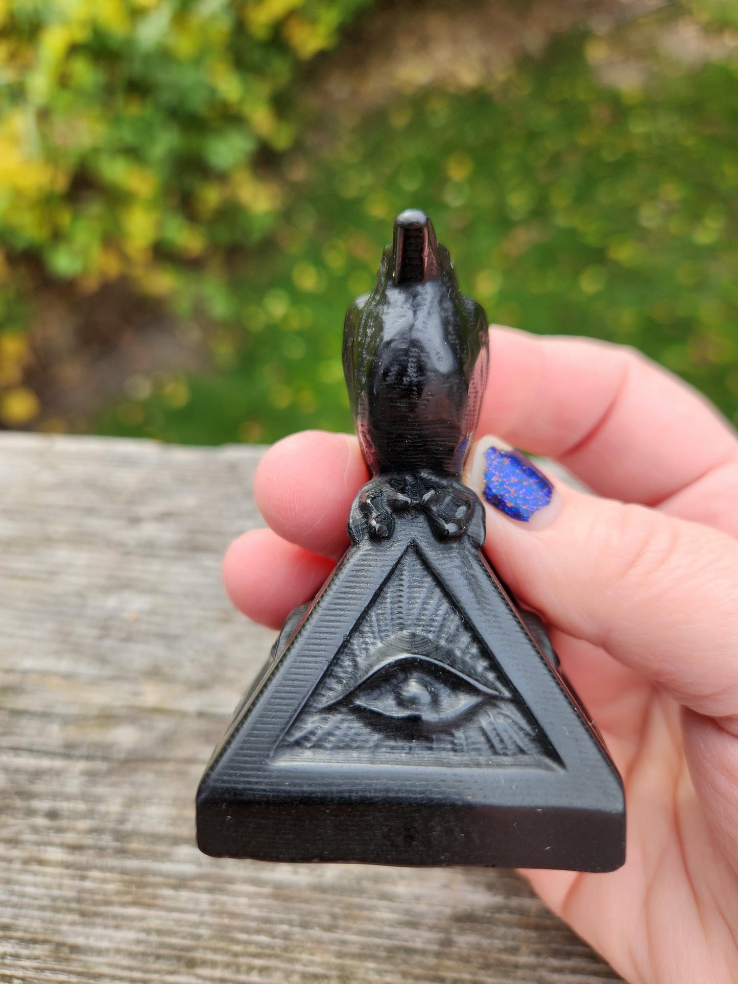 Carved Black Obsidian Raven on a 3rd Eye Pyramid: Natural Crystal, Crow