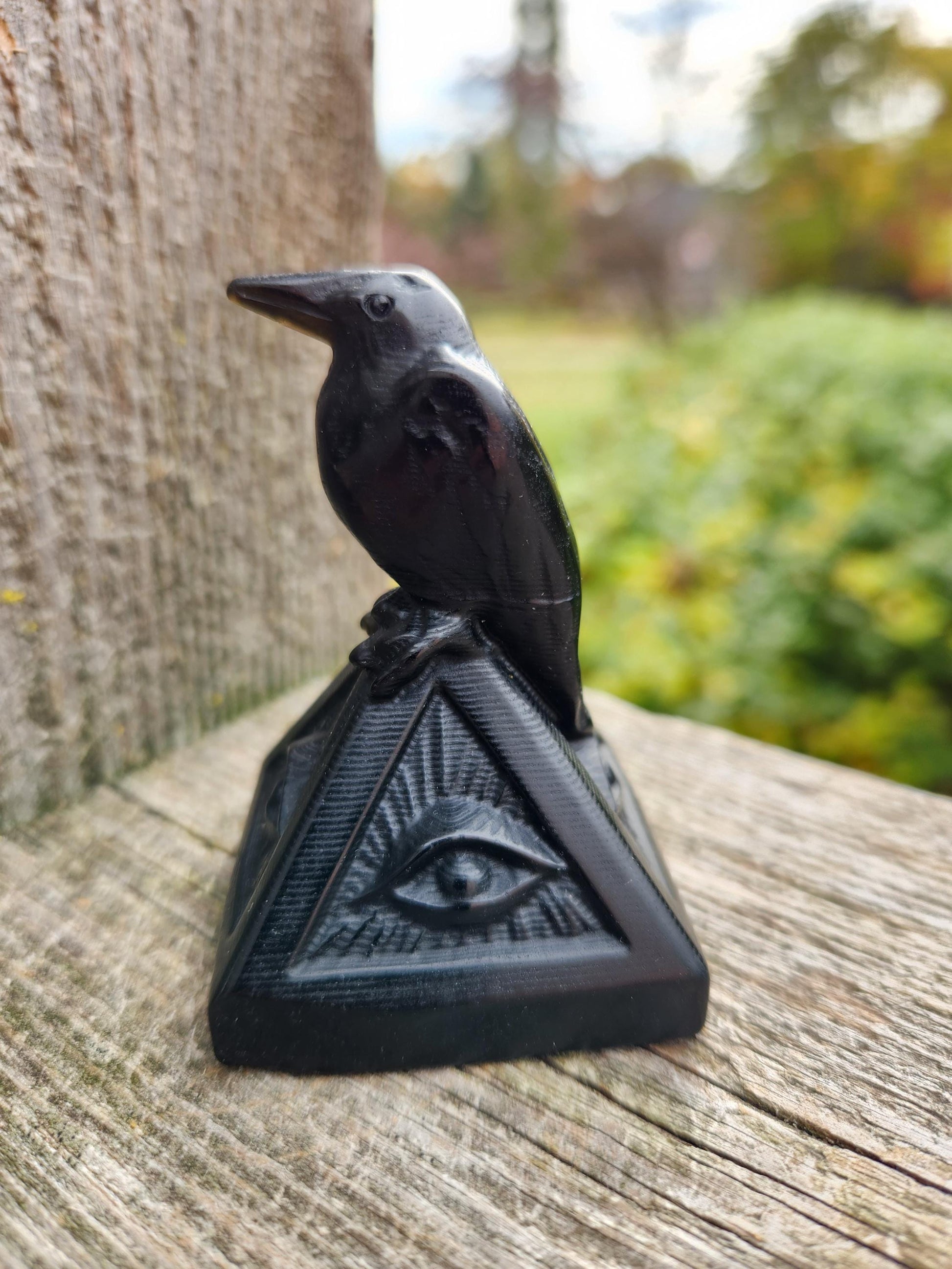 Carved Black Obsidian Raven on a 3rd Eye Pyramid: Natural Crystal, Crow